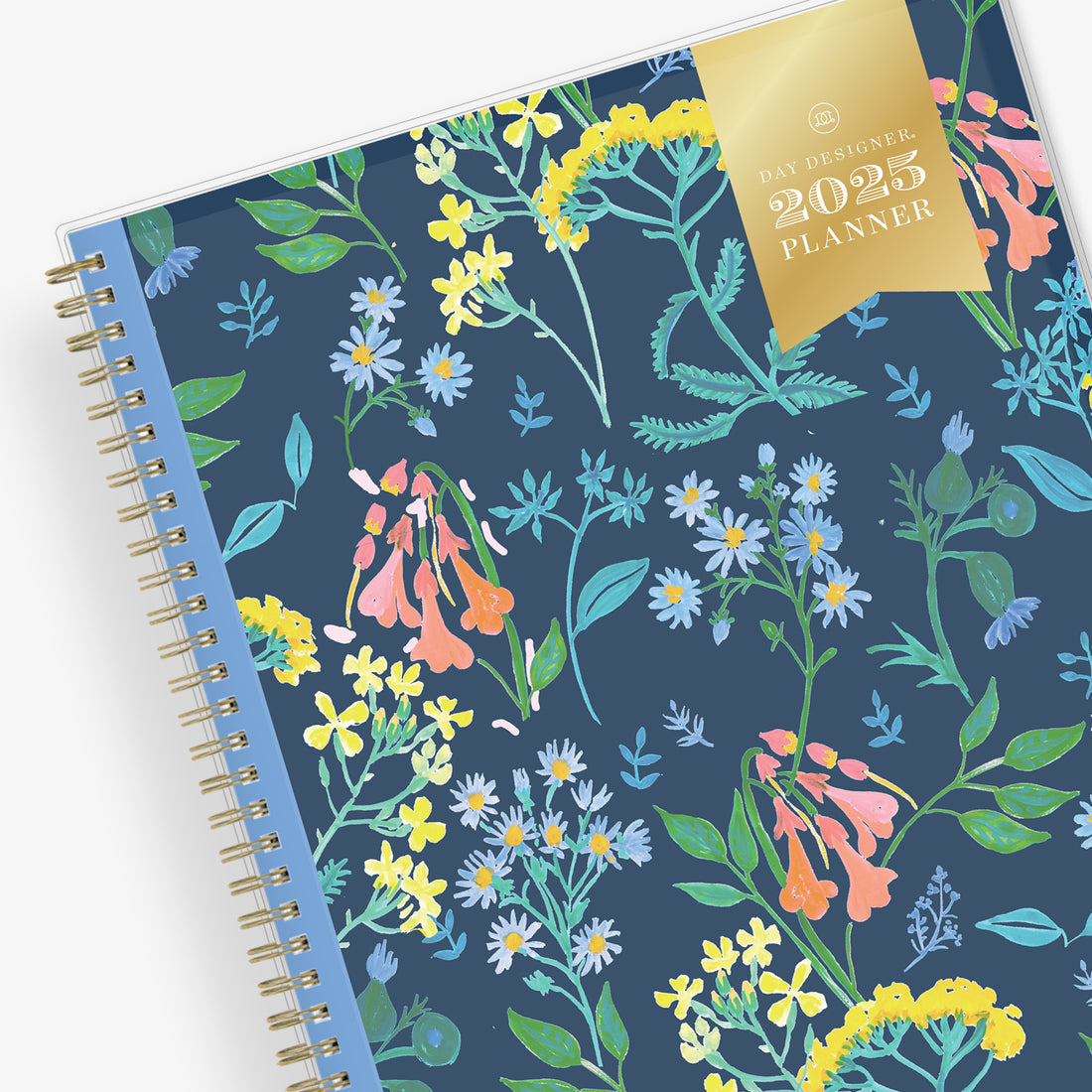 January 2025 - December 2025 weekly monthly planner in 5x8 size from day designer for blue sky with navy background and floral design, and gold twin wire-o binding