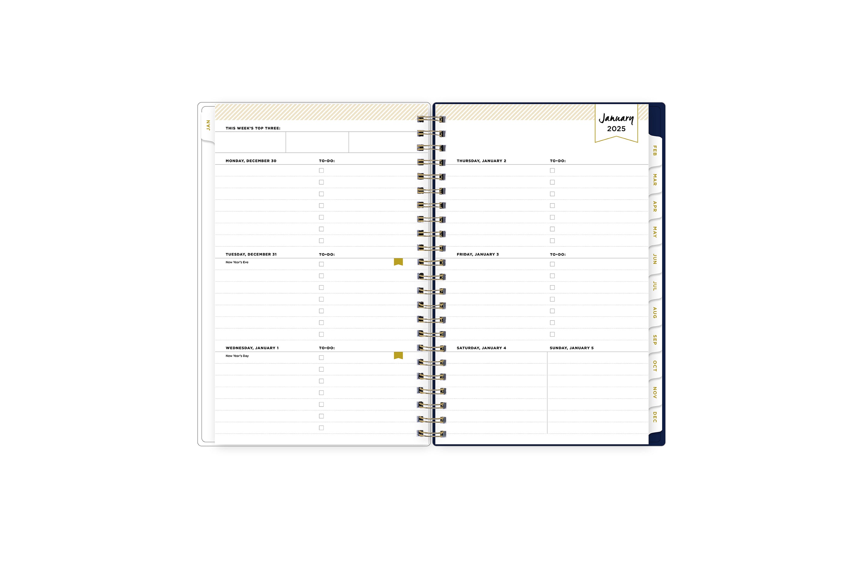 January 2025 weekly monthly planner featuring a weekly view, lined writing space, to do lists, priorities, and white colored monthly tabs on a 5x8 planner