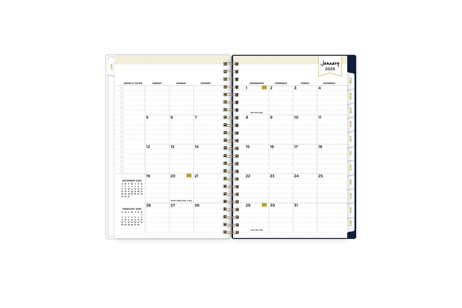 January 2025 monthly overview with to do lists, notes section, square boxes with lined writing space for dates, and white colored monthly tabs