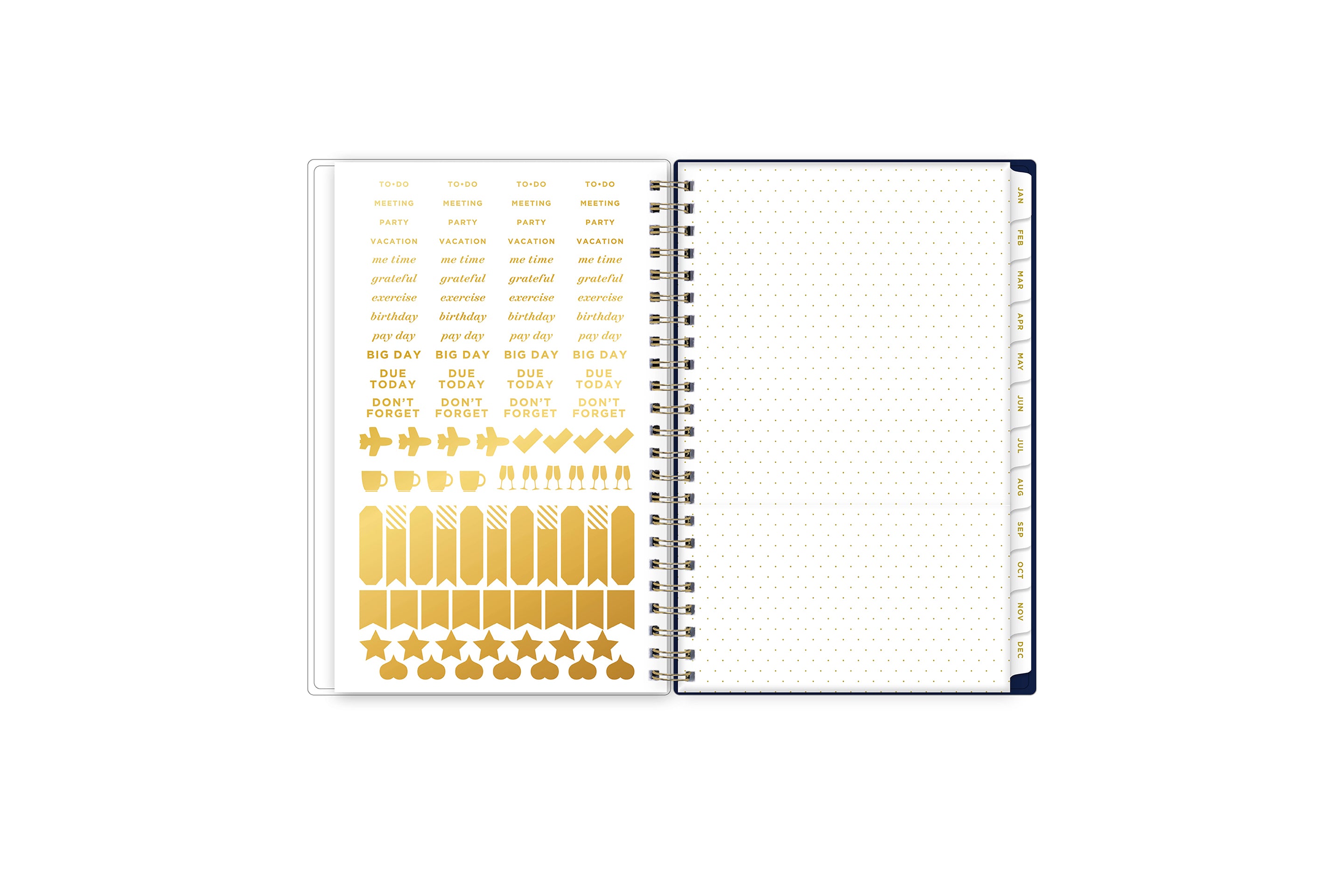 gold sticker sheet, paper pocket, and monthly tabs