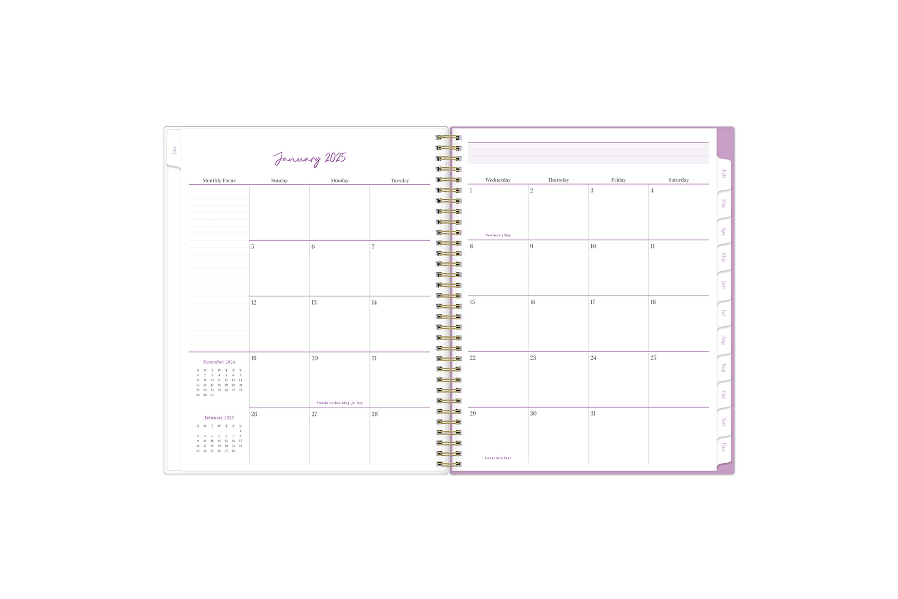 2025 planner featuring a monthly spread with lined and blank writing space, bullet points, and monthly white tabs with purple text.
