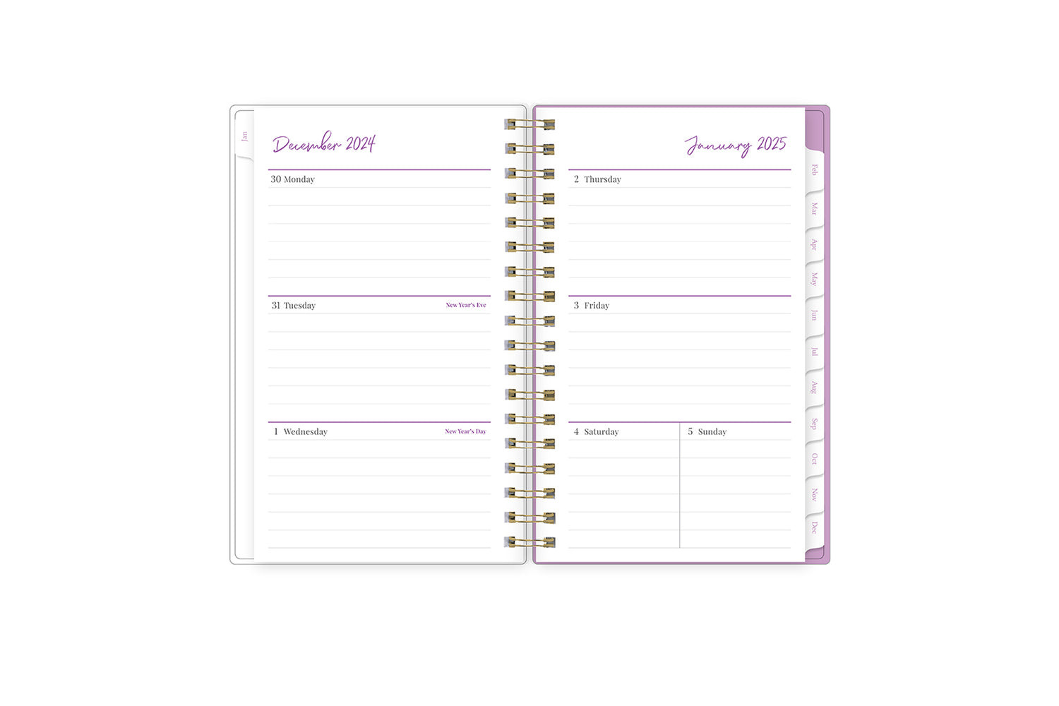 2025 planner featuring a weekly spread with lined writing space, white monthly tabs with purple text
