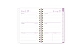 2025 planner featuring a weekly spread with lined writing space, white monthly tabs with purple text
