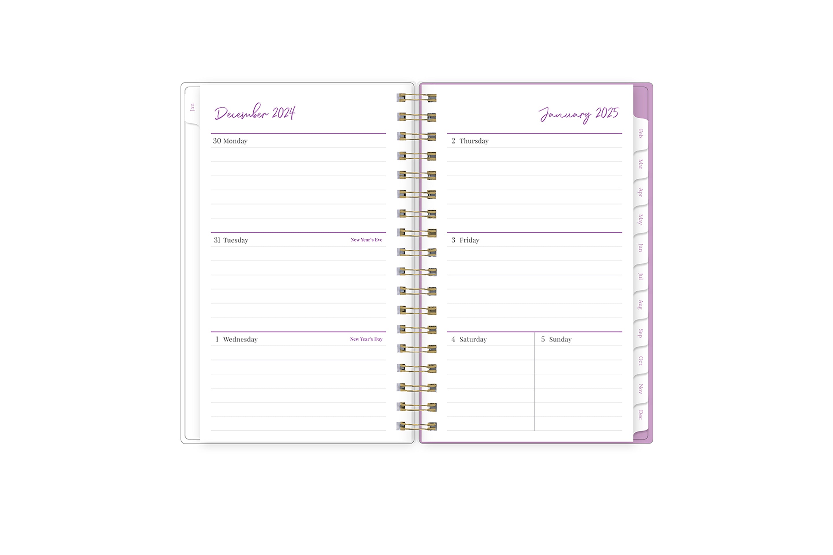 2025 planner featuring a weekly spread with lined writing space, white monthly tabs with purple text
