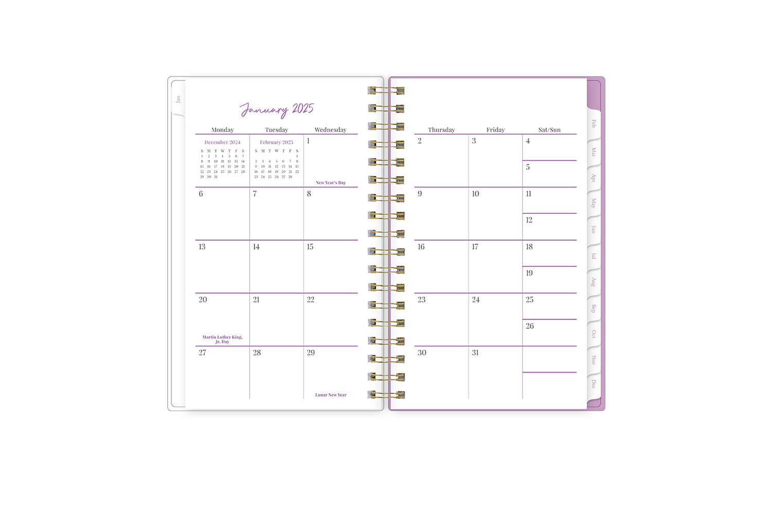 2025 planner featuring a monthly spread with blank writing space, white monthly tabs with purple text
