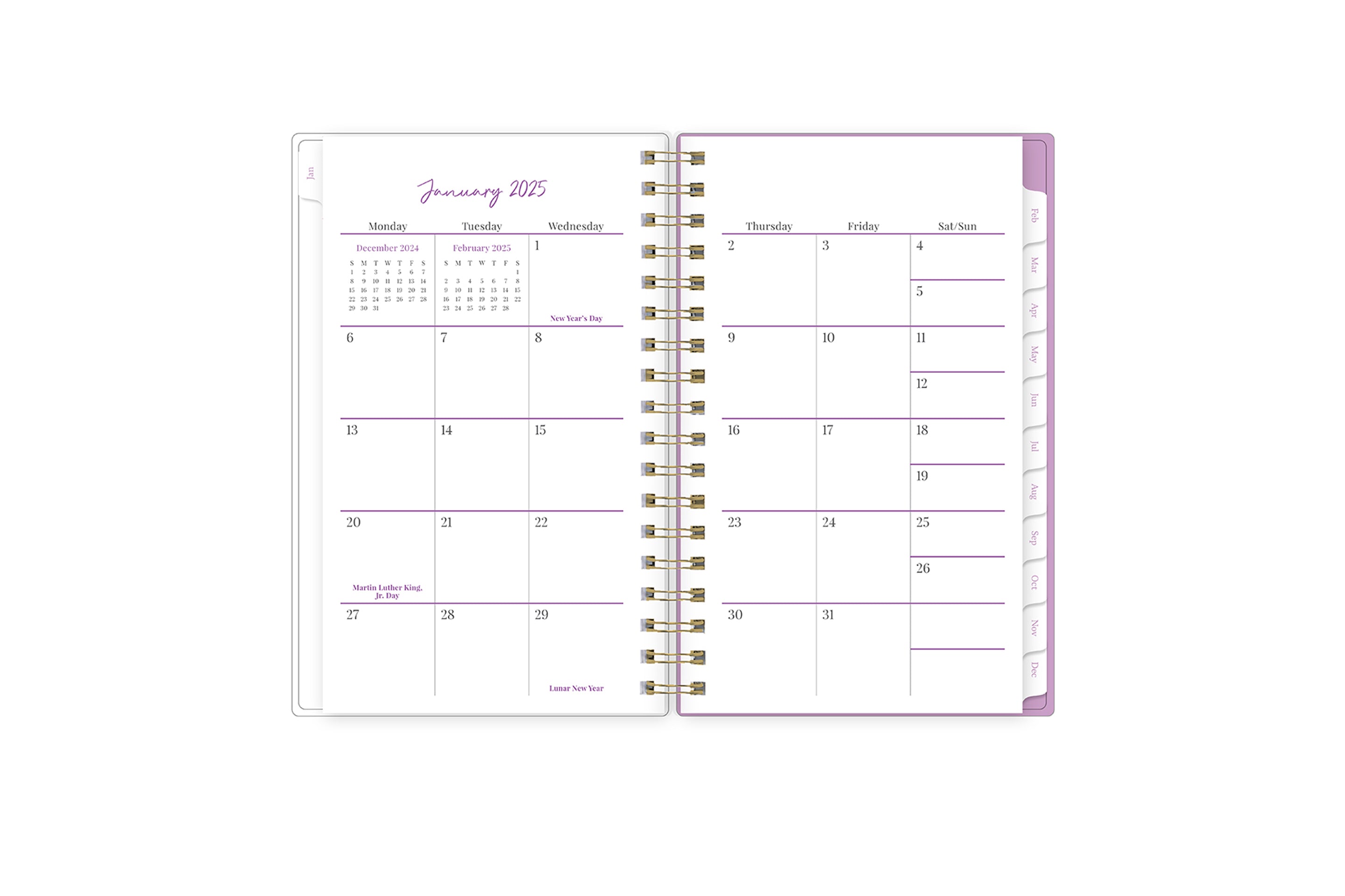 2025 planner featuring a monthly spread with blank writing space, white monthly tabs with purple text
