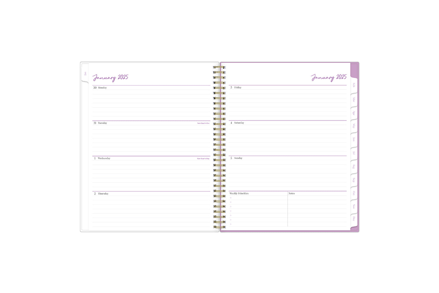 2025 planner featuring a weekly spread with lined writing space, bullet points, and monthly white tabs with purple text.
