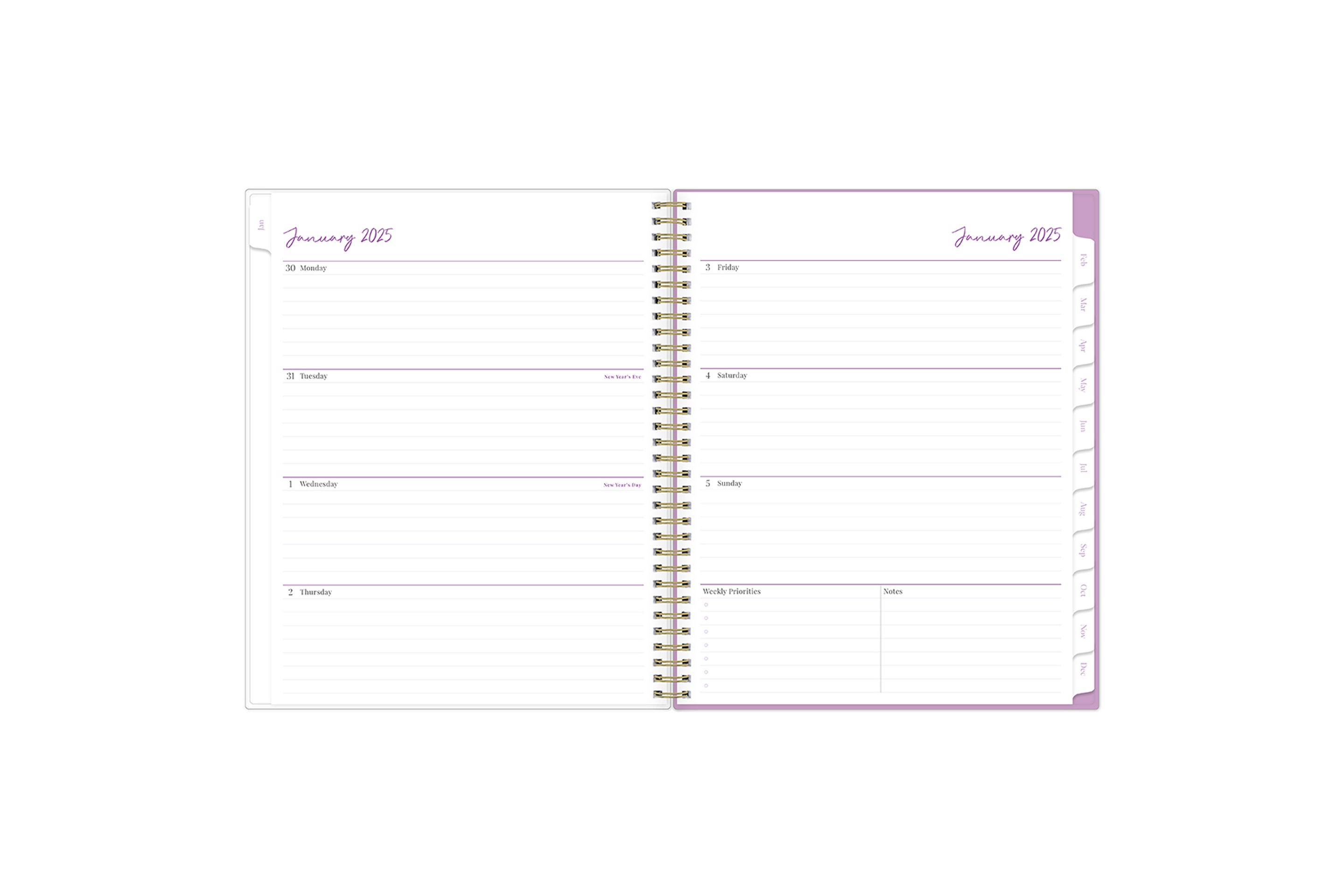 2025 planner featuring a weekly spread with lined writing space, bullet points, and monthly white tabs with purple text.
