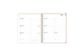 2025 planner featuring a weekly spread with lined writing space, bullet points, and monthly white tabs with gold text.
