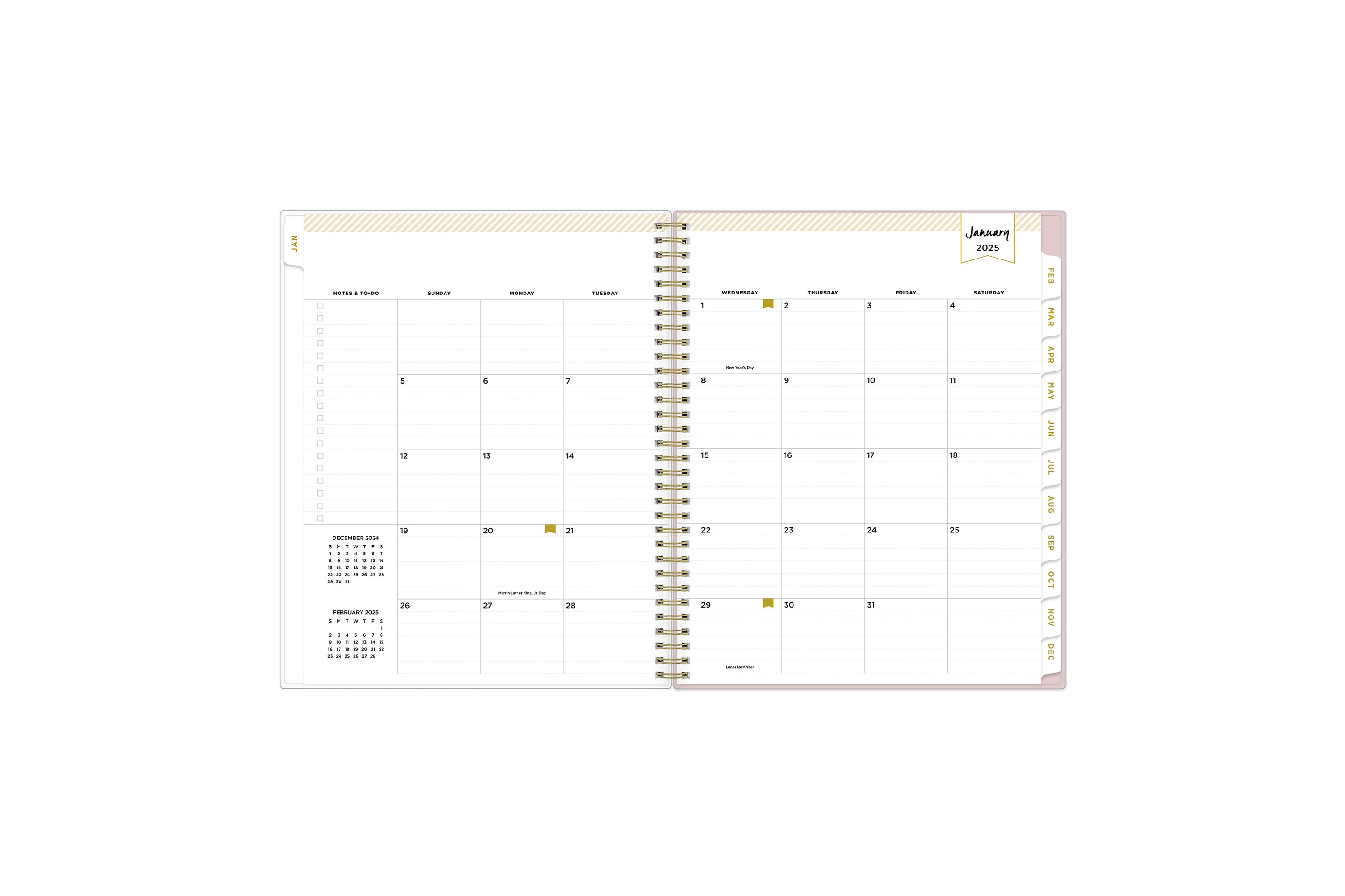 2025 planner featuring a monthly spread with lined writing space, bullet points, and monthly white tabs with gold text.
