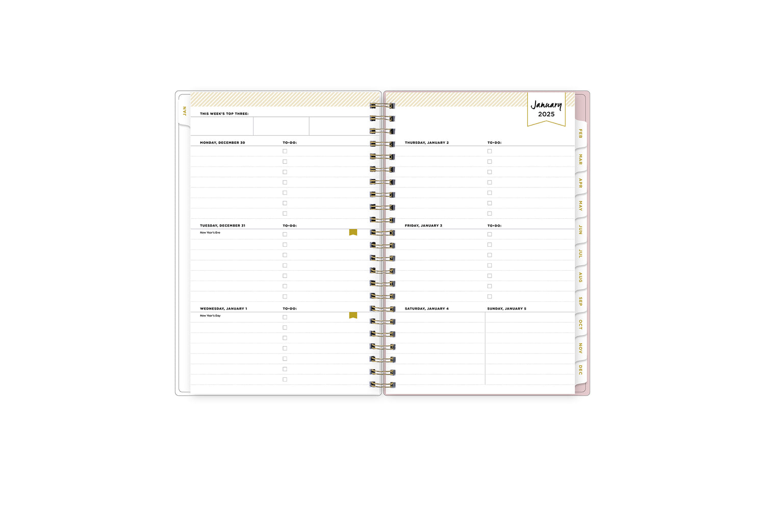 2025 planner featuring a weekly spread with lined writing space, bullet points, and monthly white tabs with gold text.
