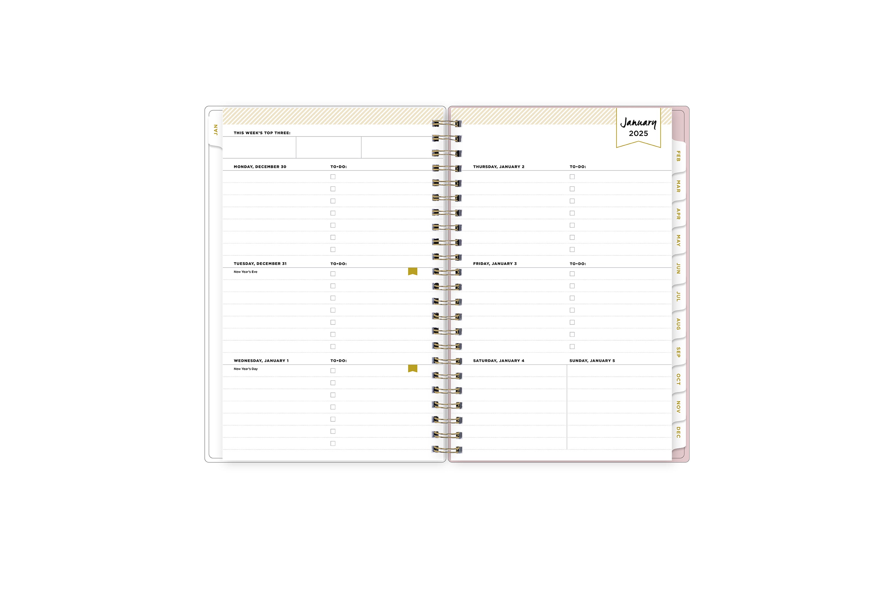 2025 planner featuring a weekly spread with lined writing space, bullet points, and monthly white tabs with gold text.
