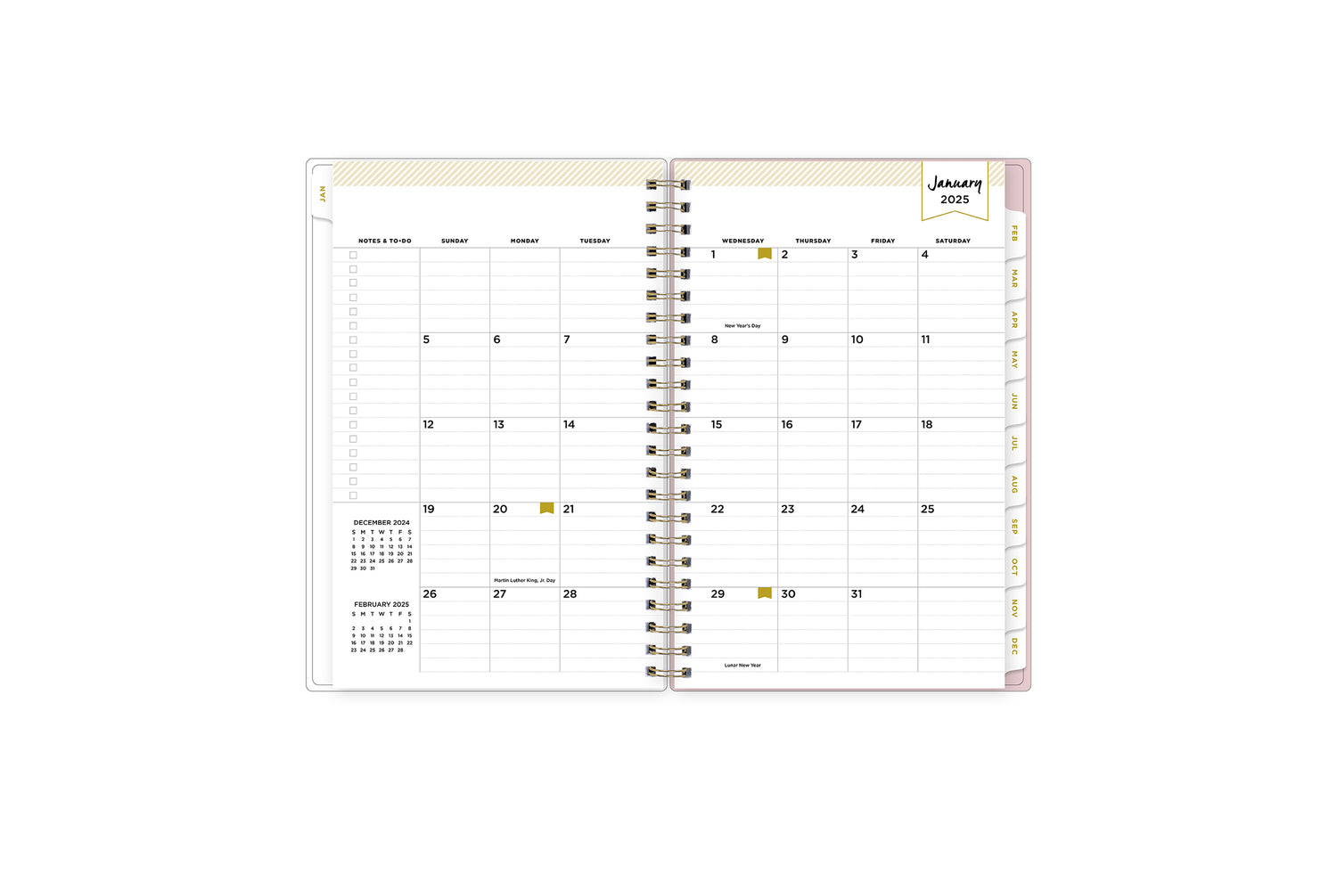 2025 planner featuring a monthly spread with lined writing space, bullet points, and monthly white tabs with gold text.
