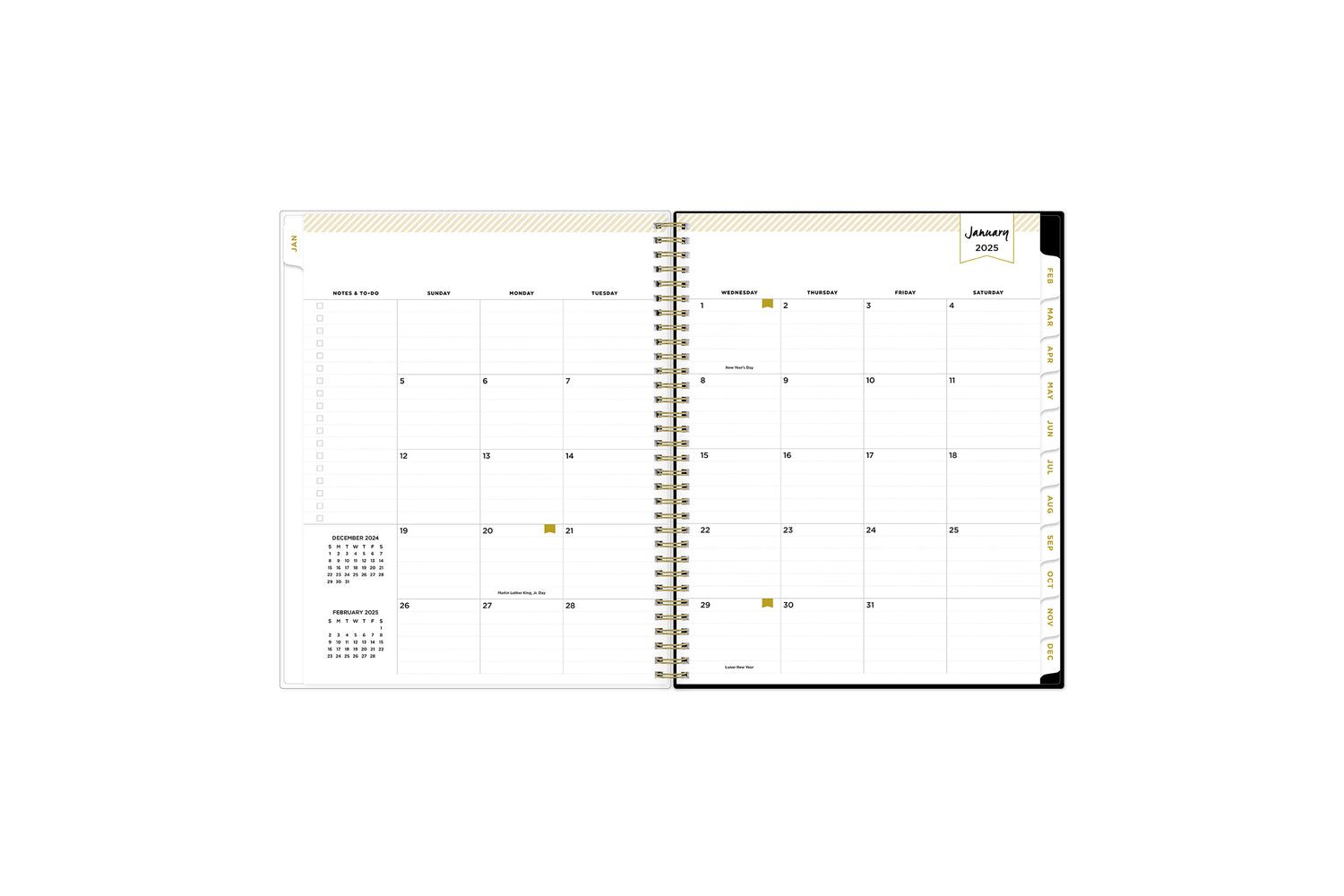 2025 planner featuring a weekly spread with lined writing space, bullet points, and monthly white tabs with gold text.
