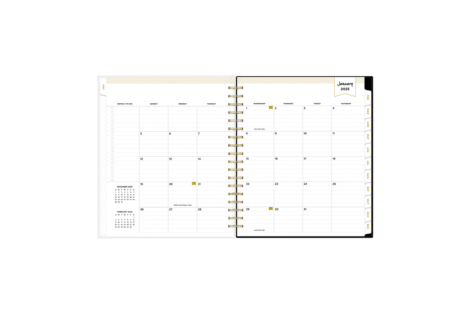 2025 planner featuring a weekly spread with lined writing space, bullet points, and monthly white tabs with gold text.
