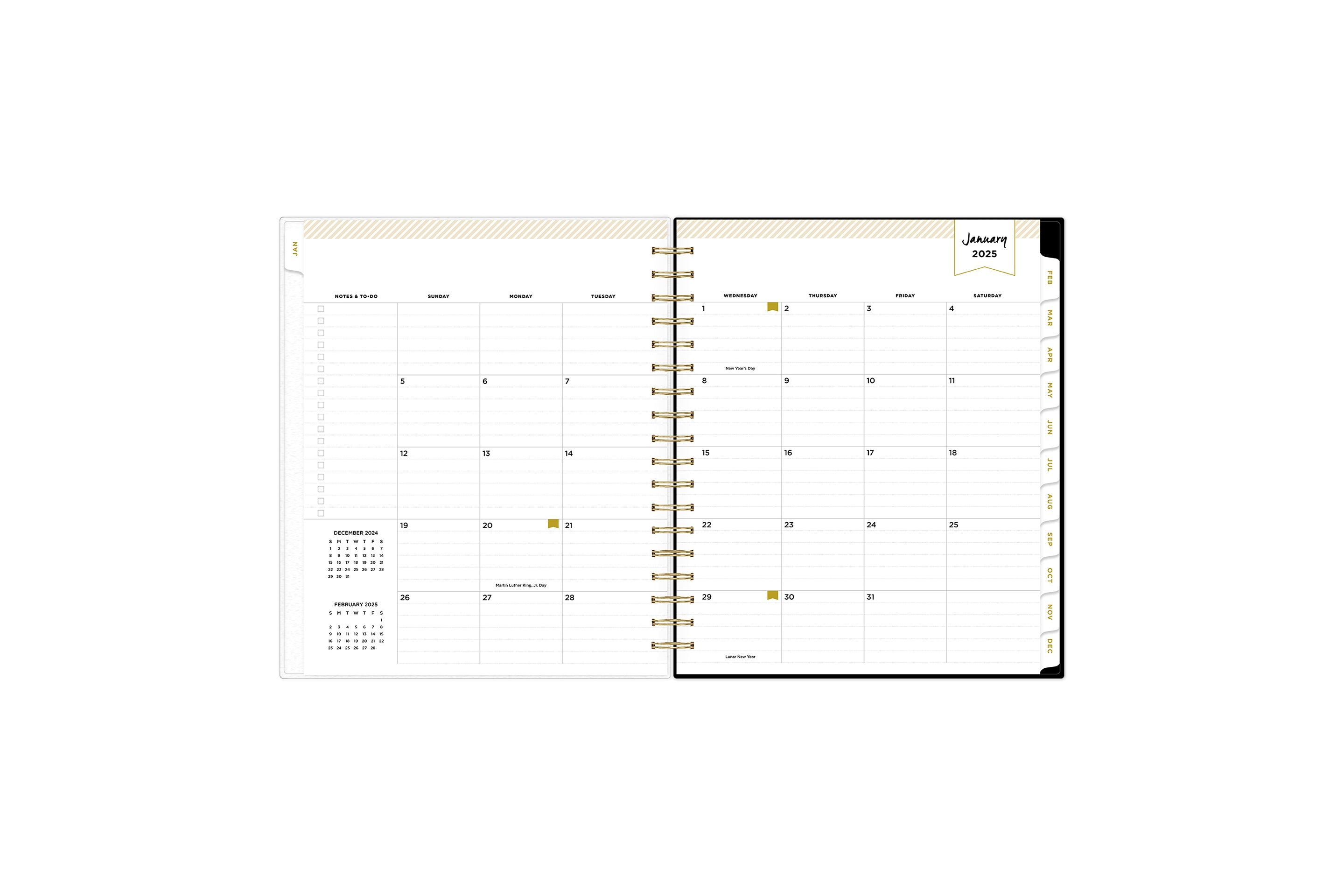 2025 planner featuring a weekly spread with lined writing space, bullet points, and monthly white tabs with gold text.
