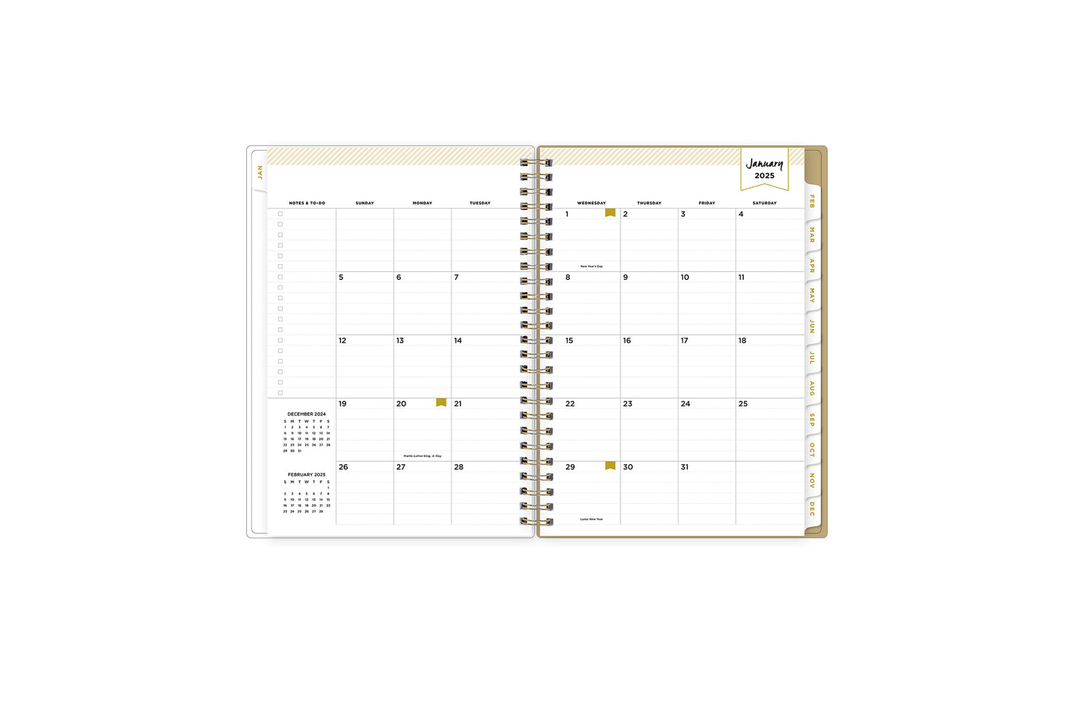 2025 planner featuring a monthly spread with lined writing space, bullet points, and monthly white tabs with gold text.
