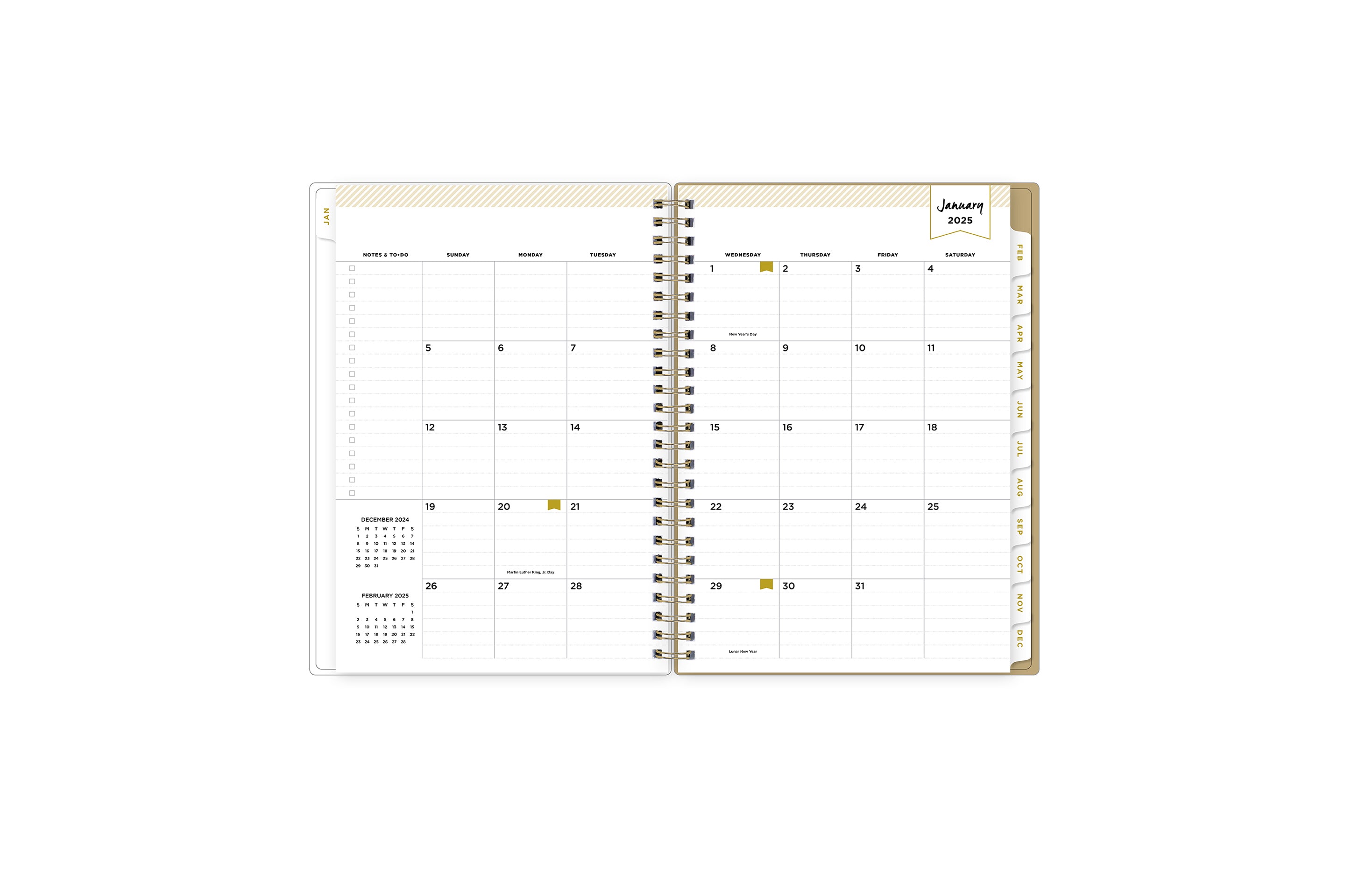 2025 planner featuring a monthly spread with lined writing space, bullet points, and monthly white tabs with gold text.
