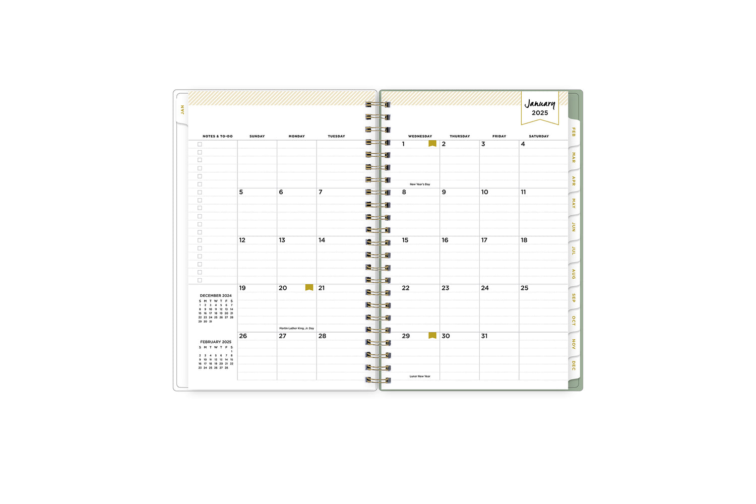 2025 planner featuring a monthly spread with lined writing space, bullet points, and monthly white tabs with gold text.
