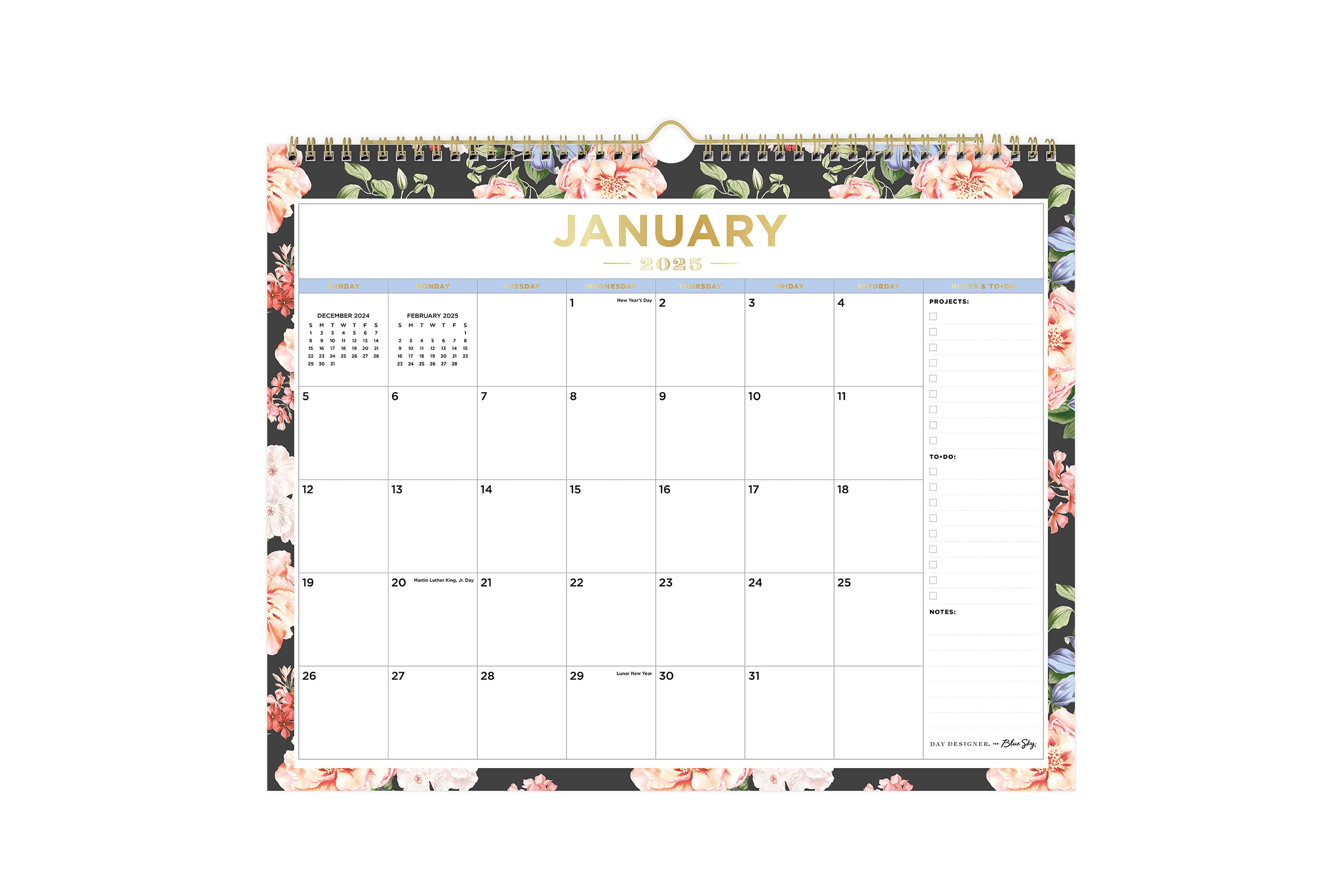 january 2025 - december 2025 wall calendar with floral border