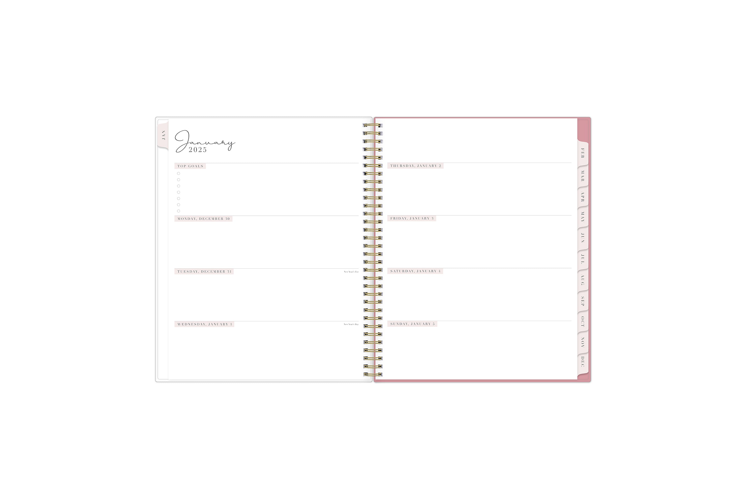 The 2025 Rach parcell planner features a weekly spread view with top goals for the week, blank white writing space for each day, and soft pink monthly tabs. 8.5x11 size