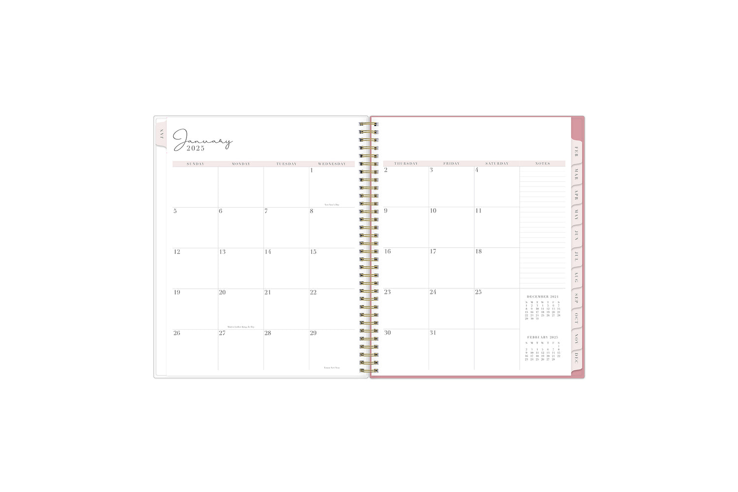 The 2025 Rach Parcell planner features a monthly view with ample blank white writing space, reference calendars, notes section, and soft pink monthly tabs. 8.5x11