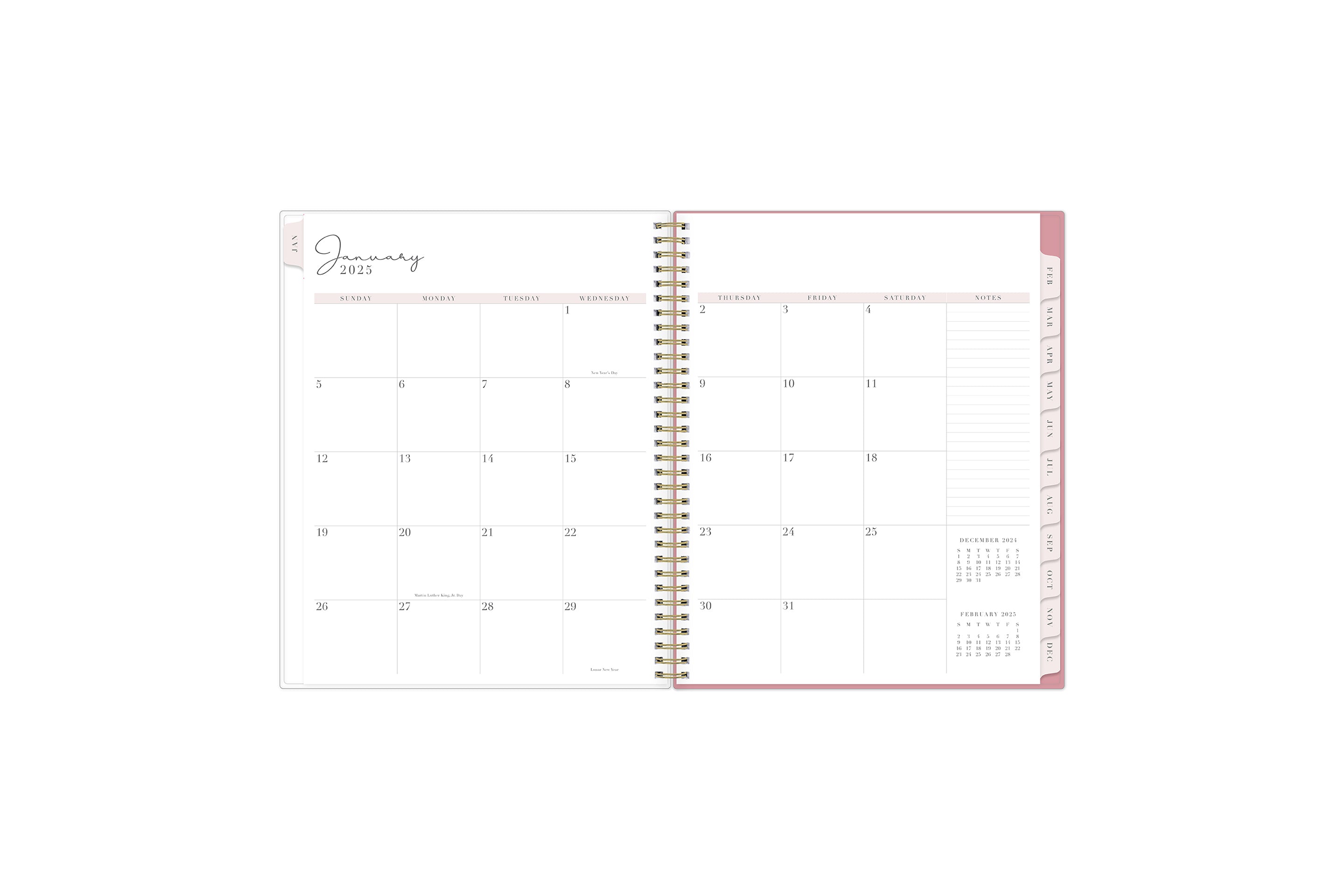 The 2025 Rach Parcell planner features a monthly view with ample blank white writing space, reference calendars, notes section, and soft pink monthly tabs. 8.5x11