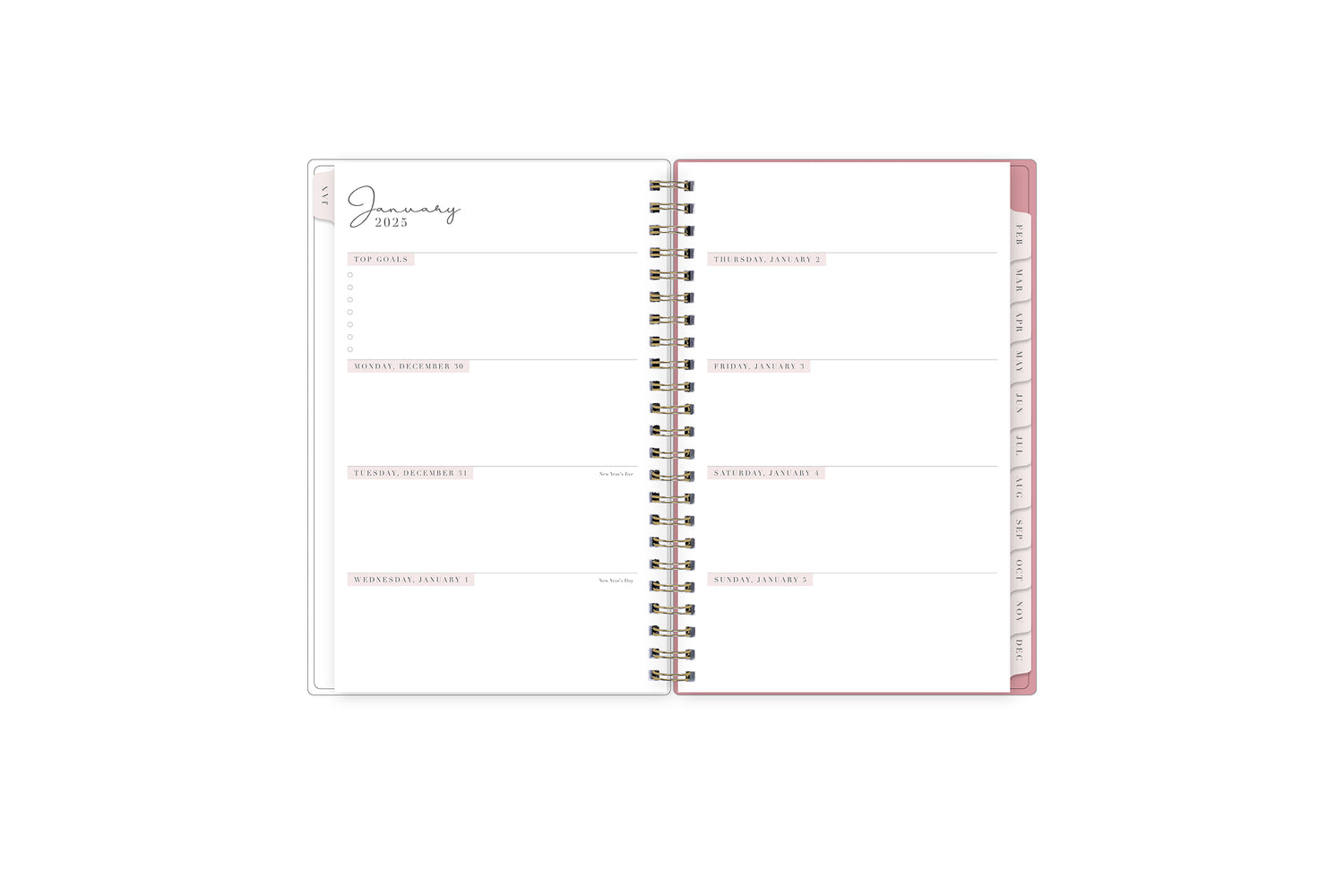 The 2025 Rach parcell planner features a weekly spread view with top goals for the week, blank white writing space for each day, and soft pink monthly tabs.