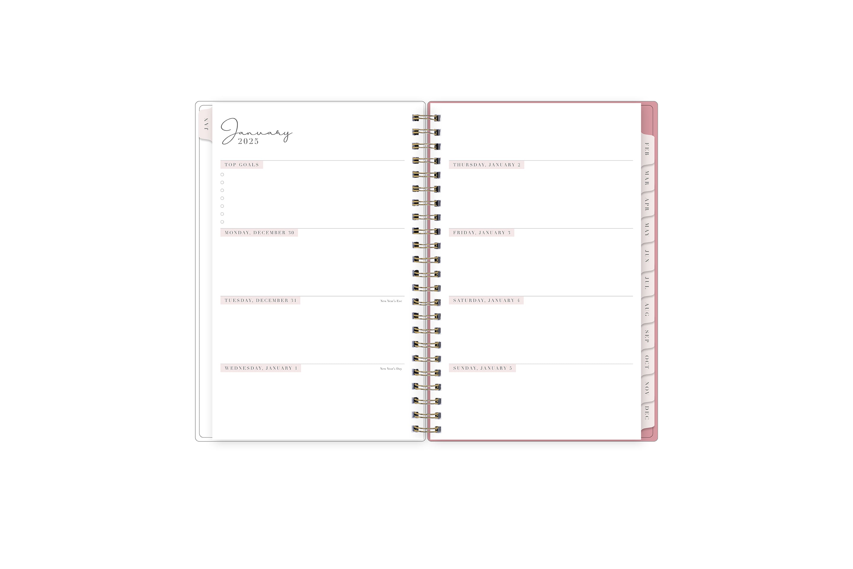 The 2025 Rach parcell planner features a weekly spread view with top goals for the week, blank white writing space for each day, and soft pink monthly tabs.