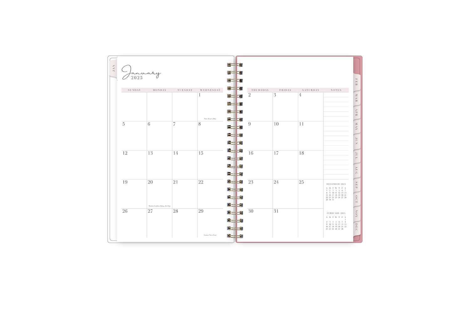 The 2025 Rach Parcell planner features a monthly view with ample blank white writing space, reference calendars, notes section, and soft pink monthly tabs.