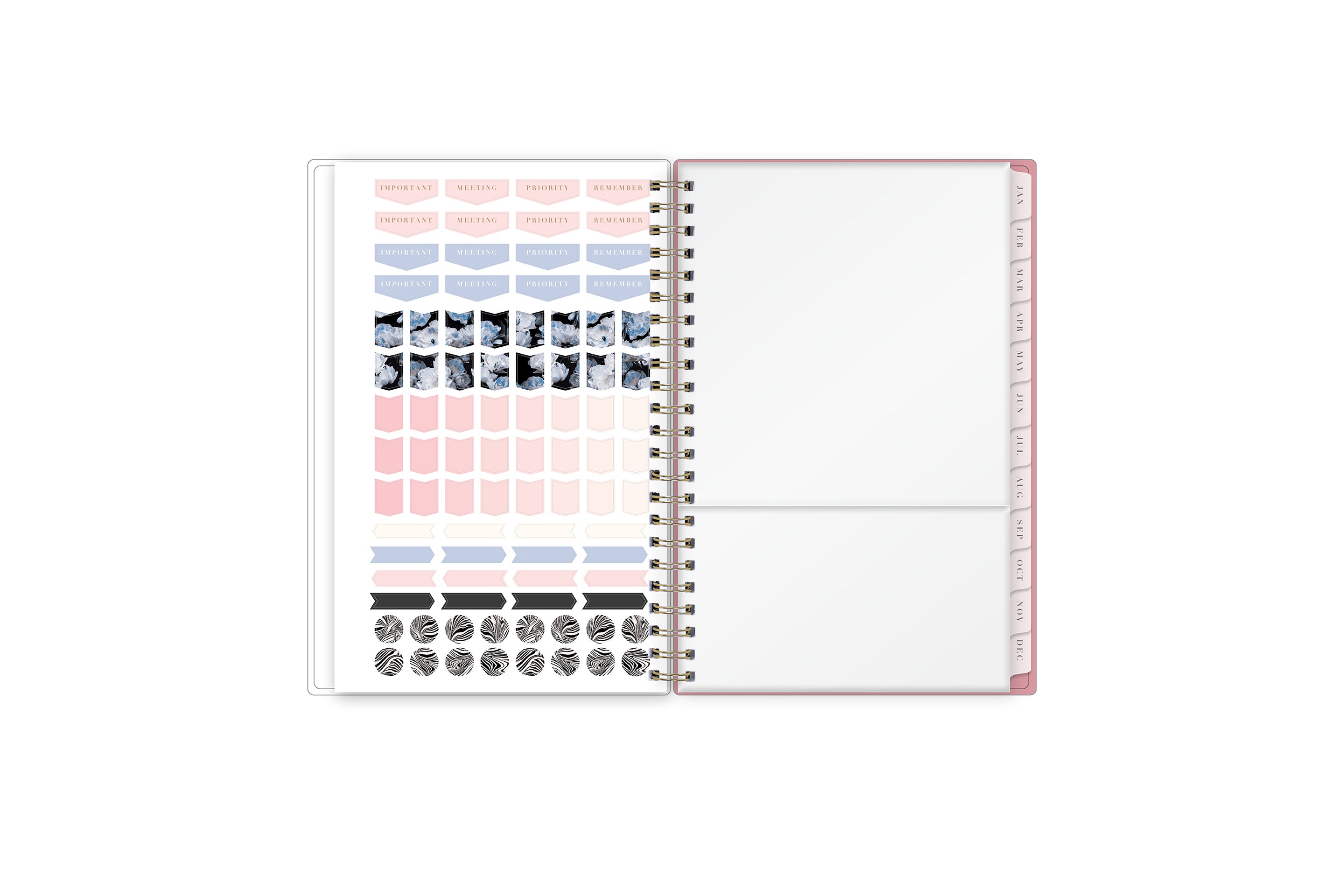 sticker sheet, reference calendar, and storage pocket in 5x8 planner size