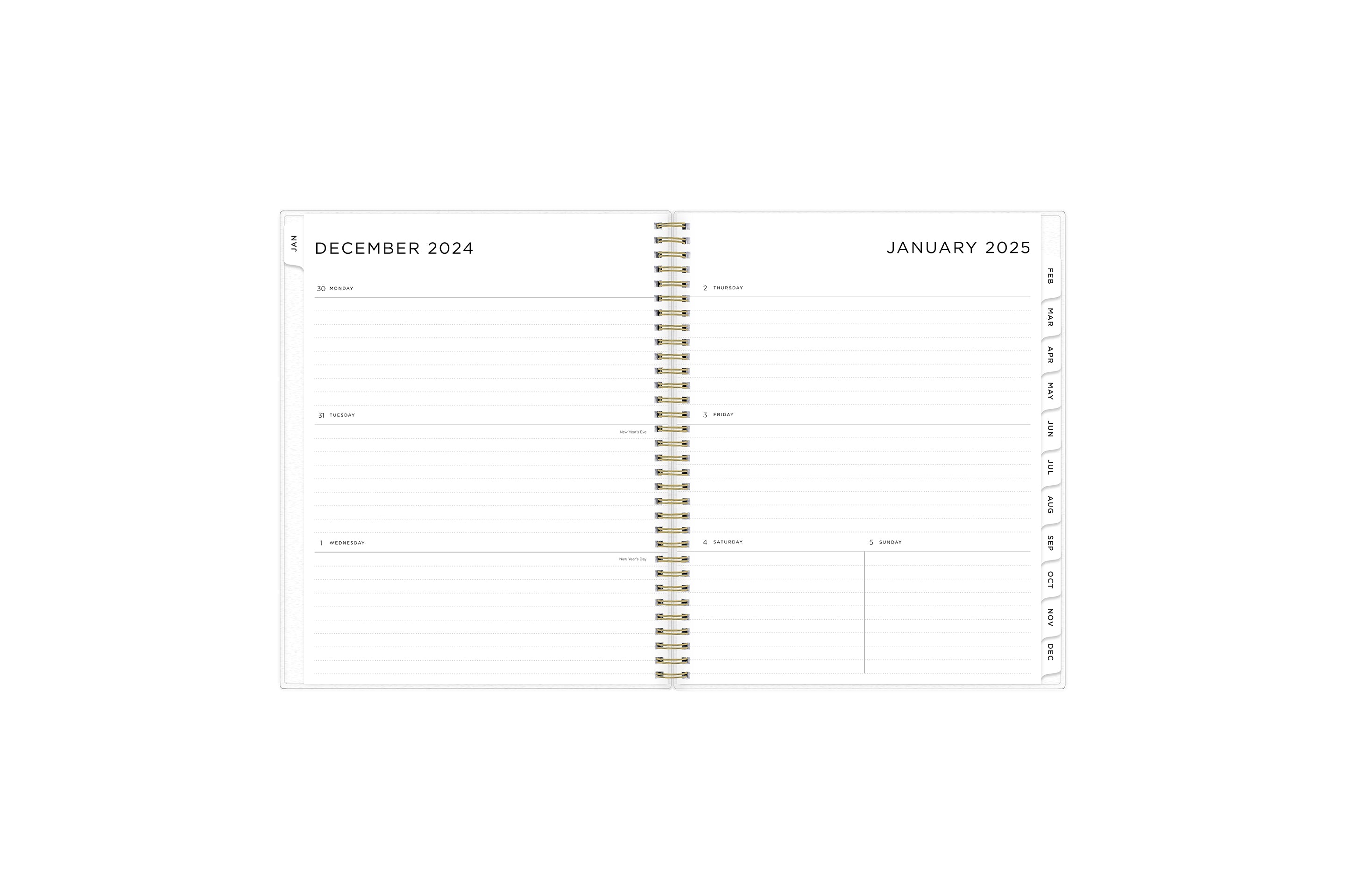 2025 planner featuring a weekly spread with lined writing space, space for bullet points, and monthly white tabs with black text.
