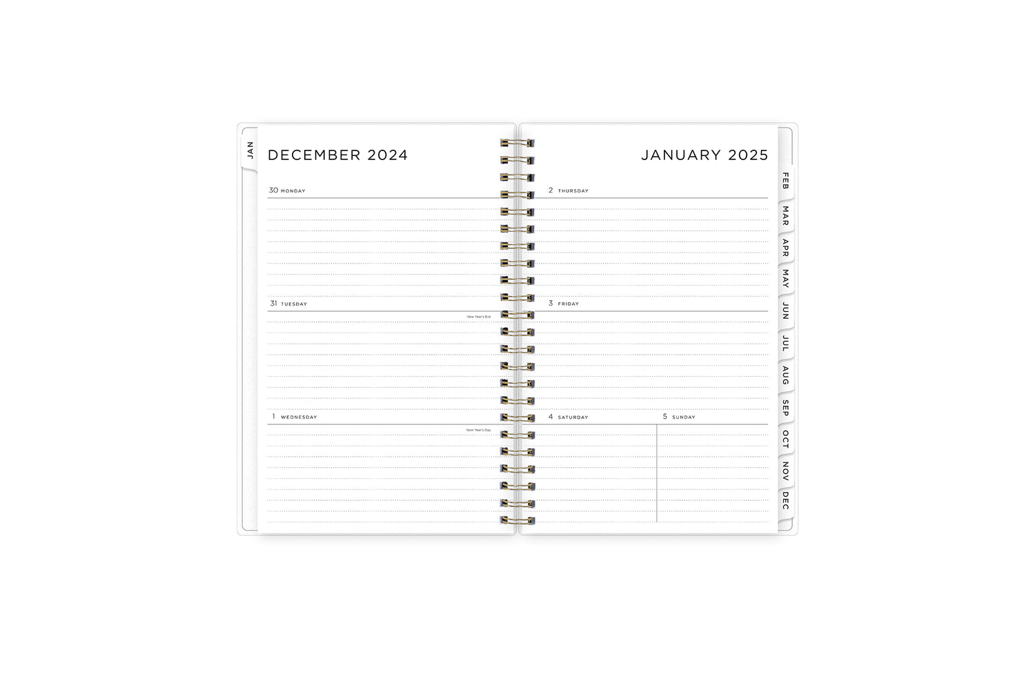 2025 planner featuring a weekly spread with lined writing space, space for bullet points, and monthly white tabs with black text.
