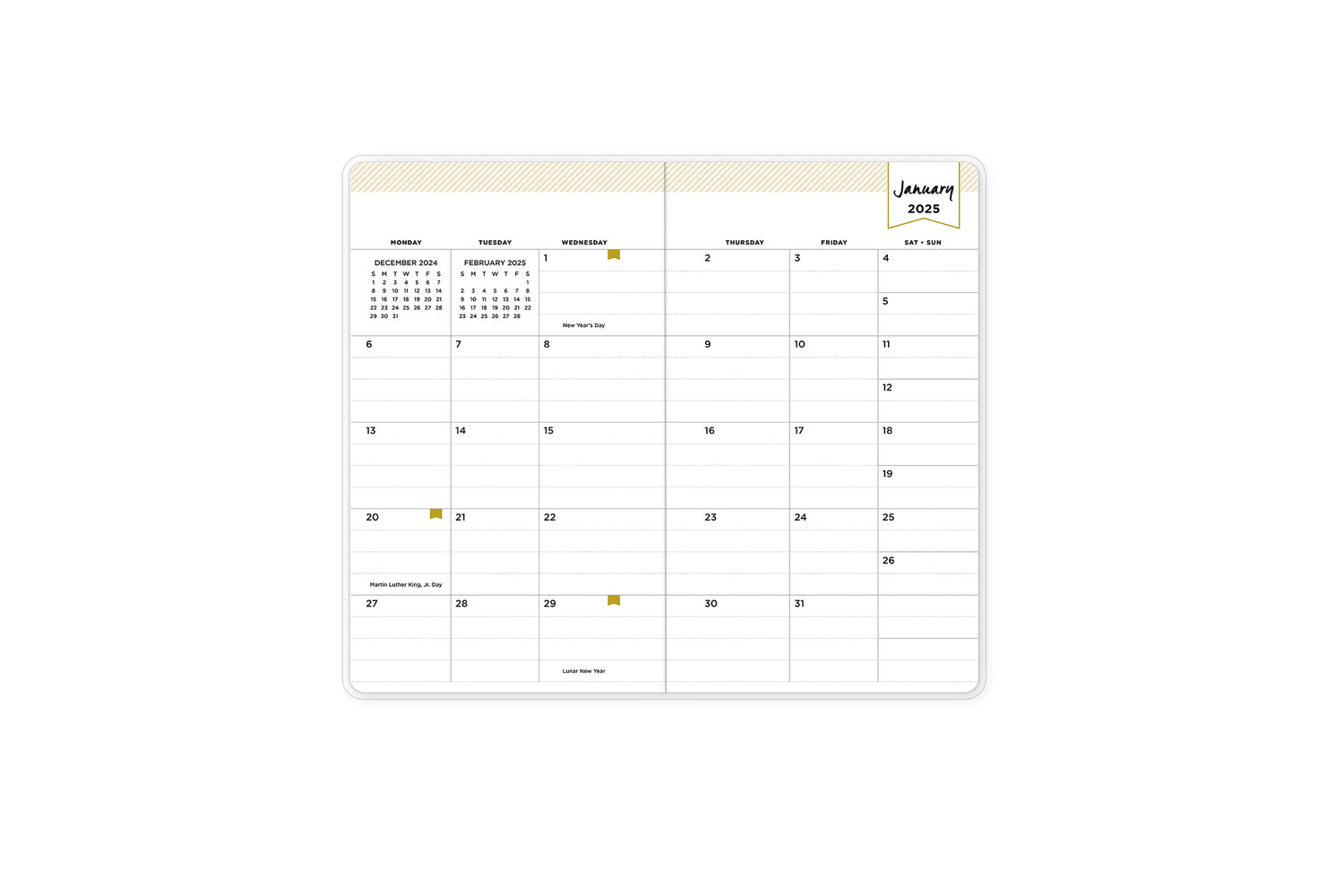 2025 planner featuring a weekly spread with lined writing space, bullet points, and monthly white tabs with gold text.