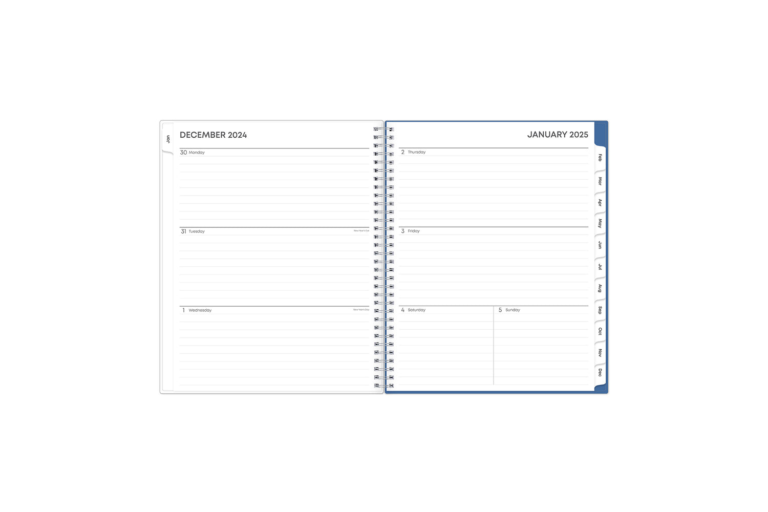 January 2025 - December 2025 weekly monthly planner featuring a monthly spread boxes for each day, lined writing space, notes section, reference calendars, and light blue monthly tabs in 8.5x11 size