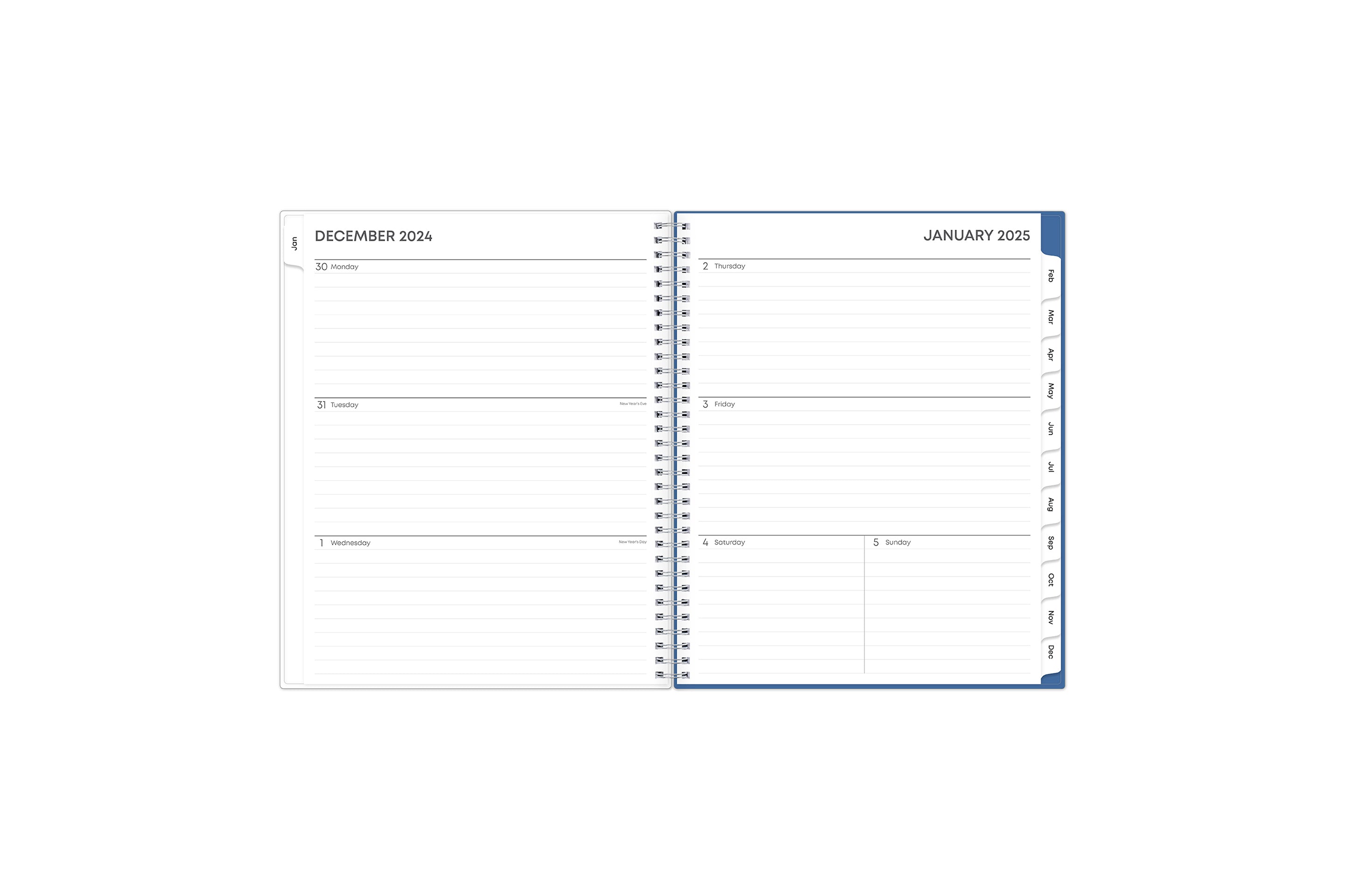 January 2025 - December 2025 weekly monthly planner featuring a monthly spread boxes for each day, lined writing space, notes section, reference calendars, and light blue monthly tabs in 8.5x11 size