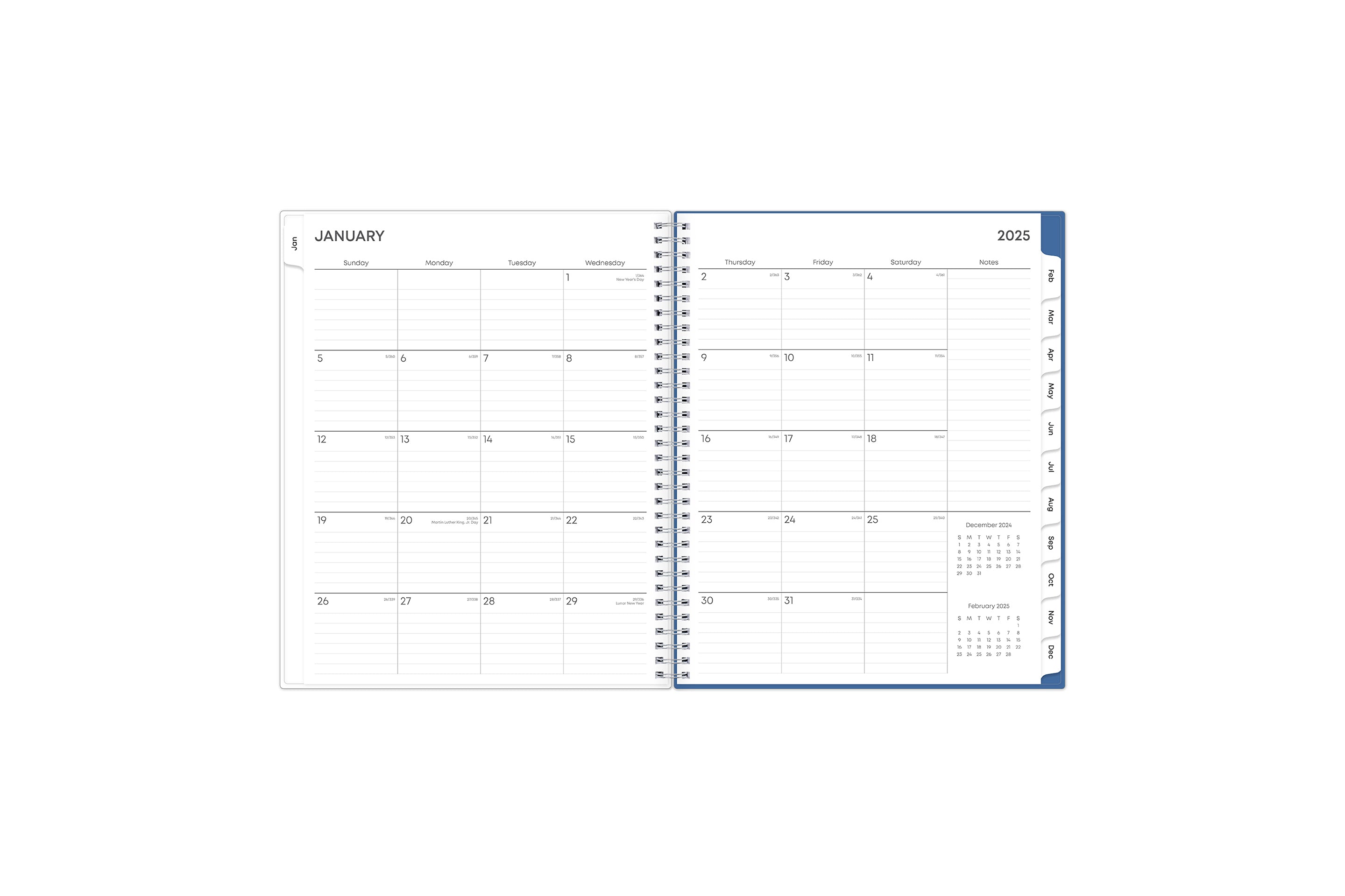 January 2025 - December 2025 weekly monthly planner featuring a monthly spread boxes for each day, lined writing space, notes section, reference calendars, and white monthly tabs in 8.5x11  size