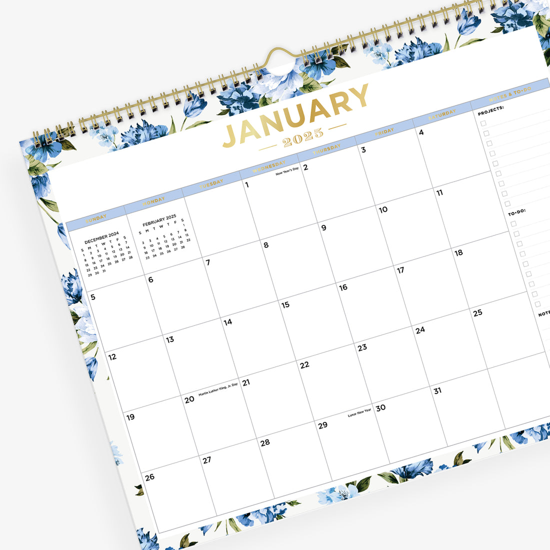 Blue Bouquet 2025 Wall Calendar 15x12 Day Designer for Blue Sky