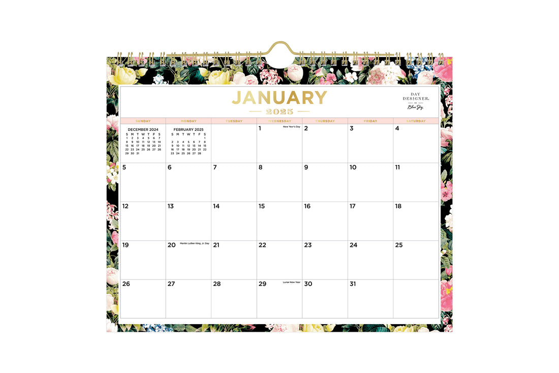 Les Fleurs 2025 Wall Calendar 11x8.75 Day Designer for Blue Sky