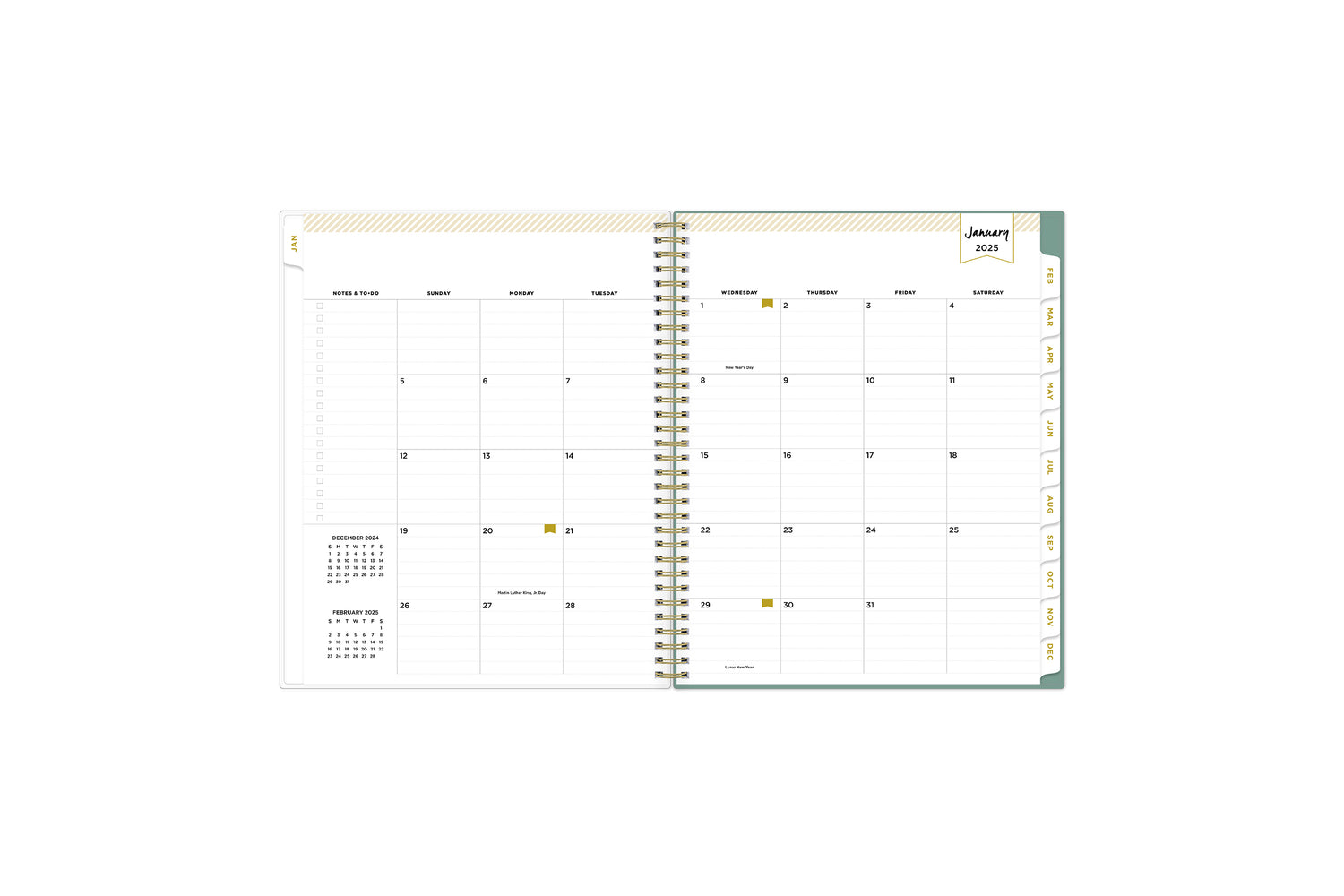 2025 planner featuring a monthly spread with lined writing space, bullet points, and monthly white tabs with gold text.
