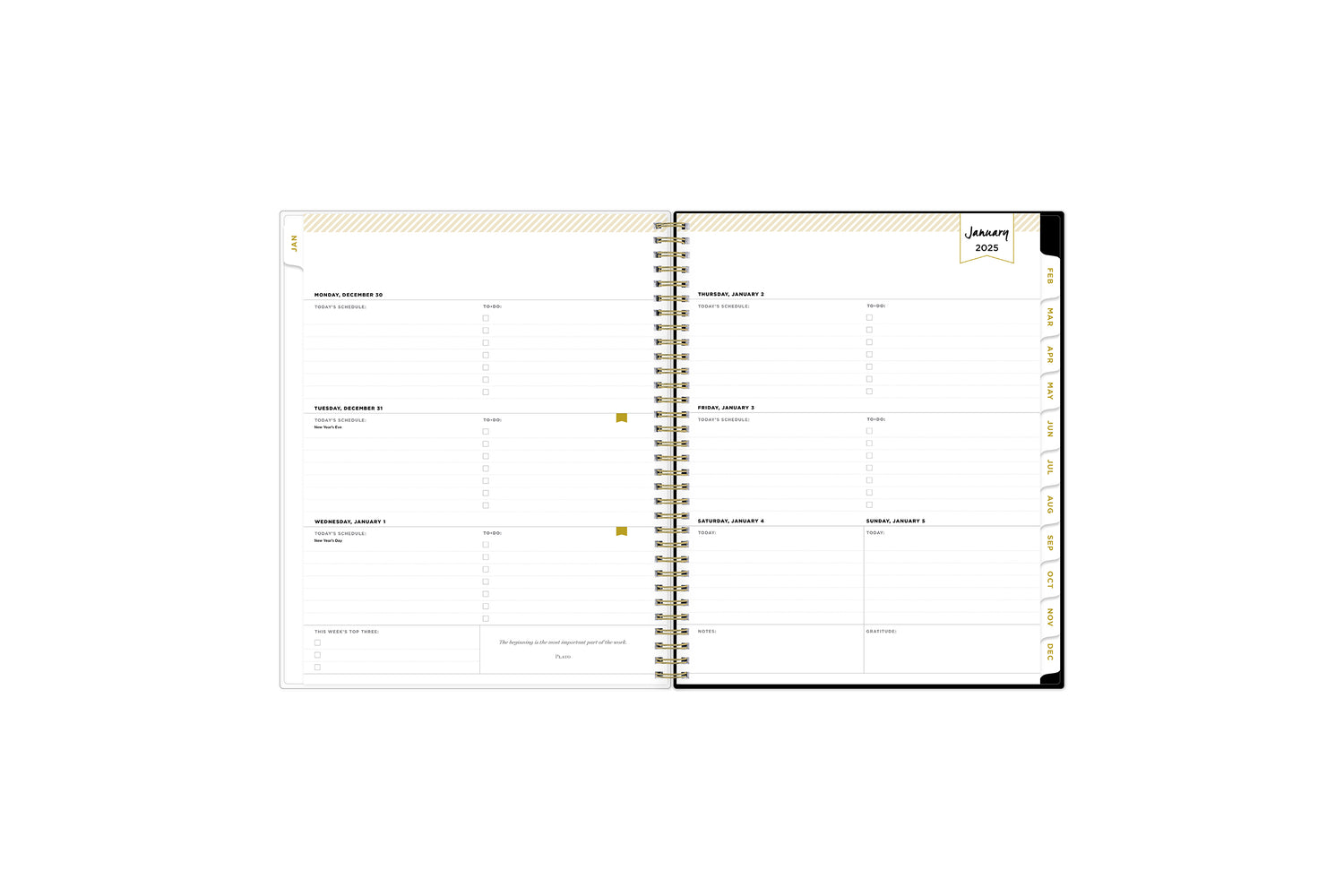 2025 planner featuring a weekly spread with lined writing space, bullet points, and monthly white tabs with gold text.
