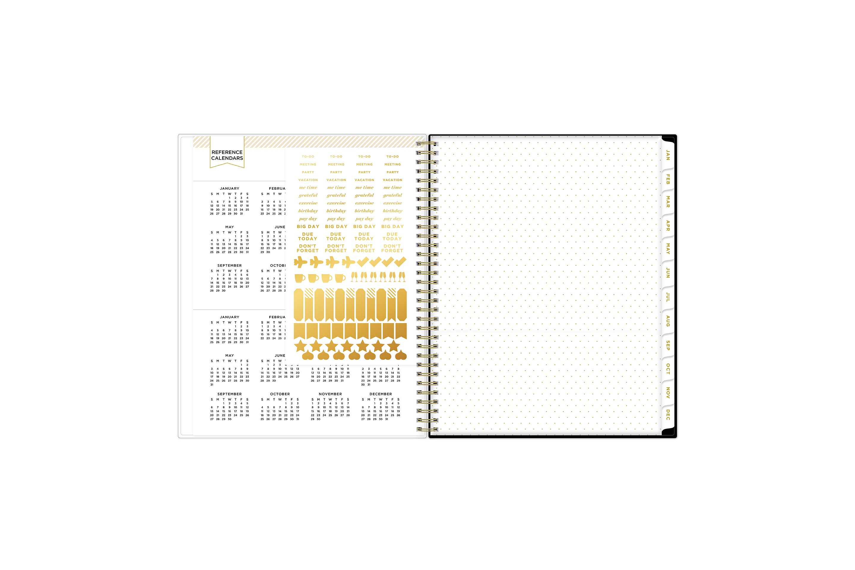 reference calendars, sticker sheet, and storage pocket
