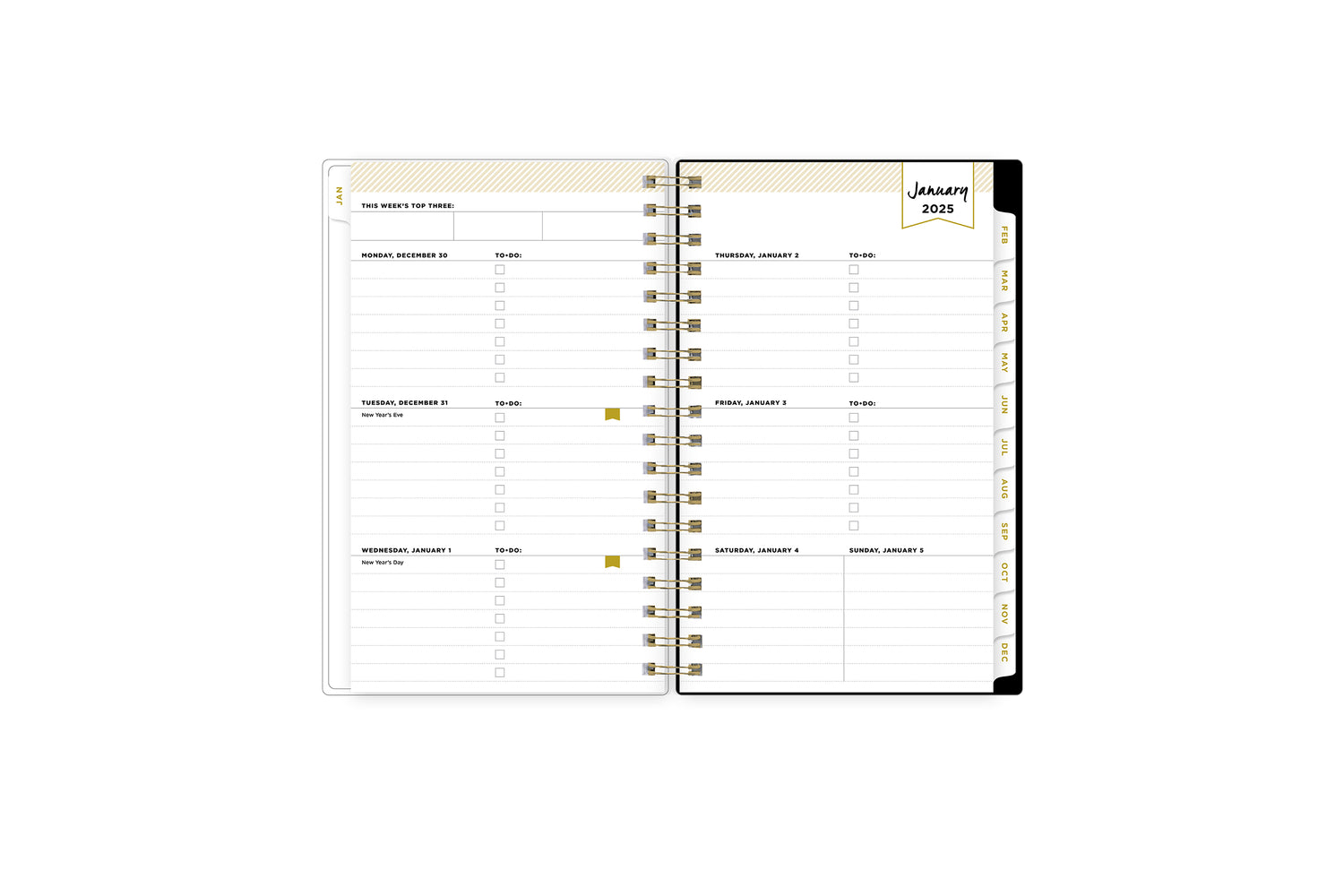 2025 planner featuring a weekly spread with lined writing space, bullet points, and monthly white tabs with gold text.
