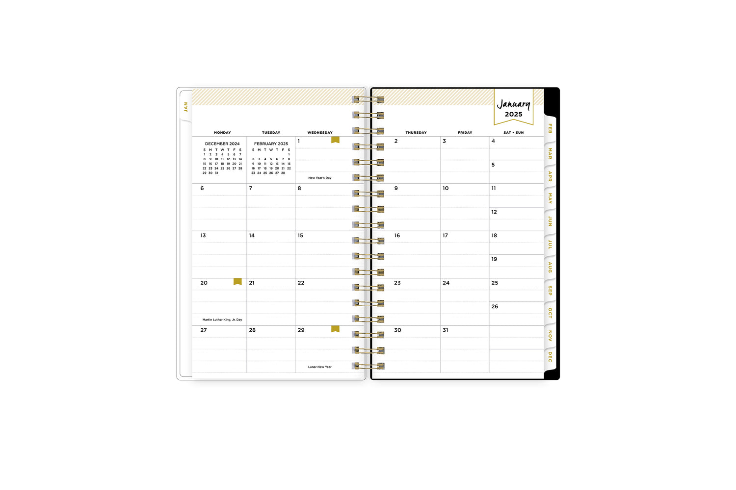 2025 planner featuring a monthly spread with lined writing space, bullet points, and monthly white tabs with gold text.
