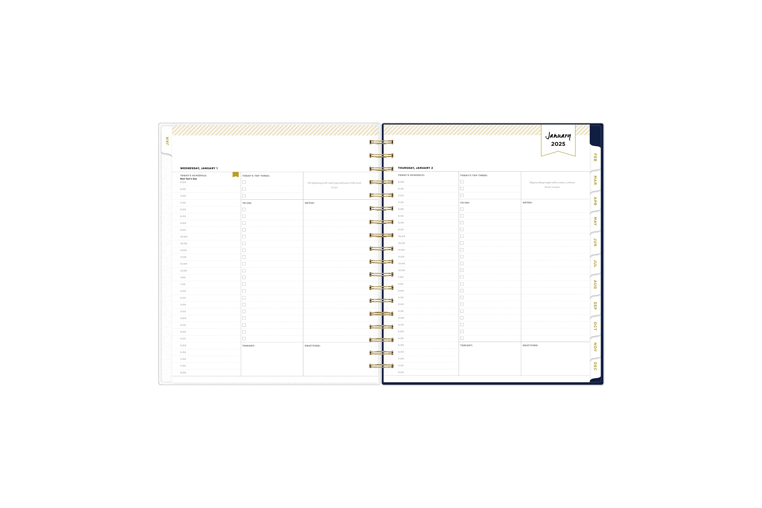 2025 planner featuring a weekly spread with lined writing space, bullet points, and monthly white tabs with gold text.
