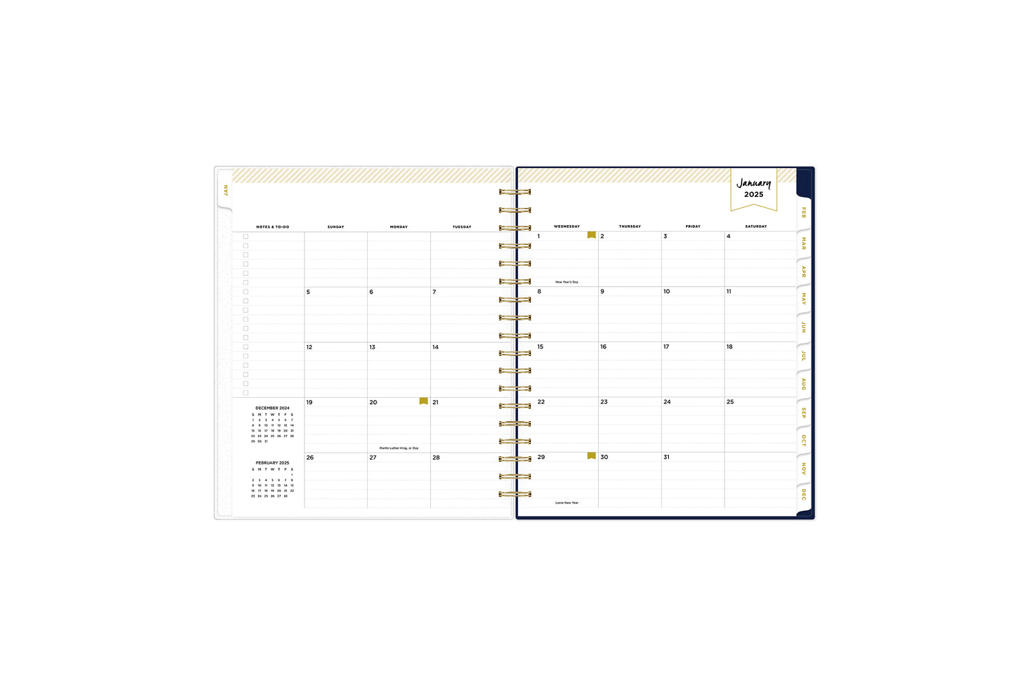 2025 planner featuring a weekly spread with lined writing space, bullet points, and monthly white tabs with gold text.
