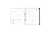 2025 planner featuring a weekly spread with lined writing space, bullet points, and monthly white tabs with gold text.
