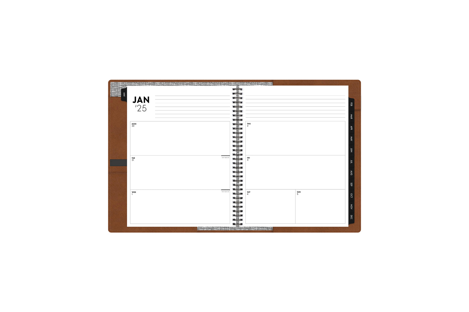 January 2025 - December 2025 weekly monthly planner in 8.5x11 size inserted into a faux leather cover displaying a weekly spread