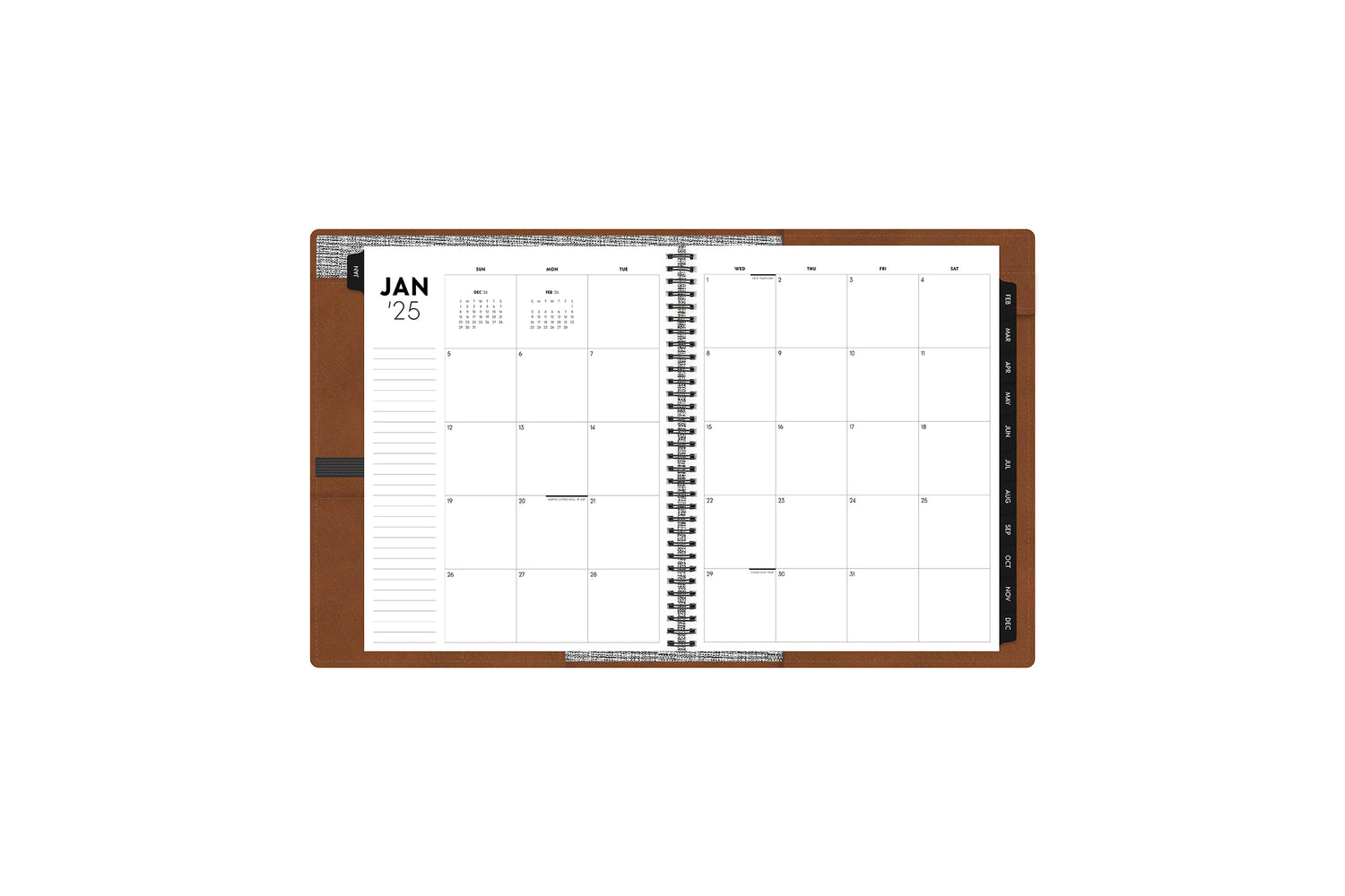 January 2025 - December 2025 weekly monthly planner in 8.5x11 size inserted into a faux leather cover displaying a monthly spread