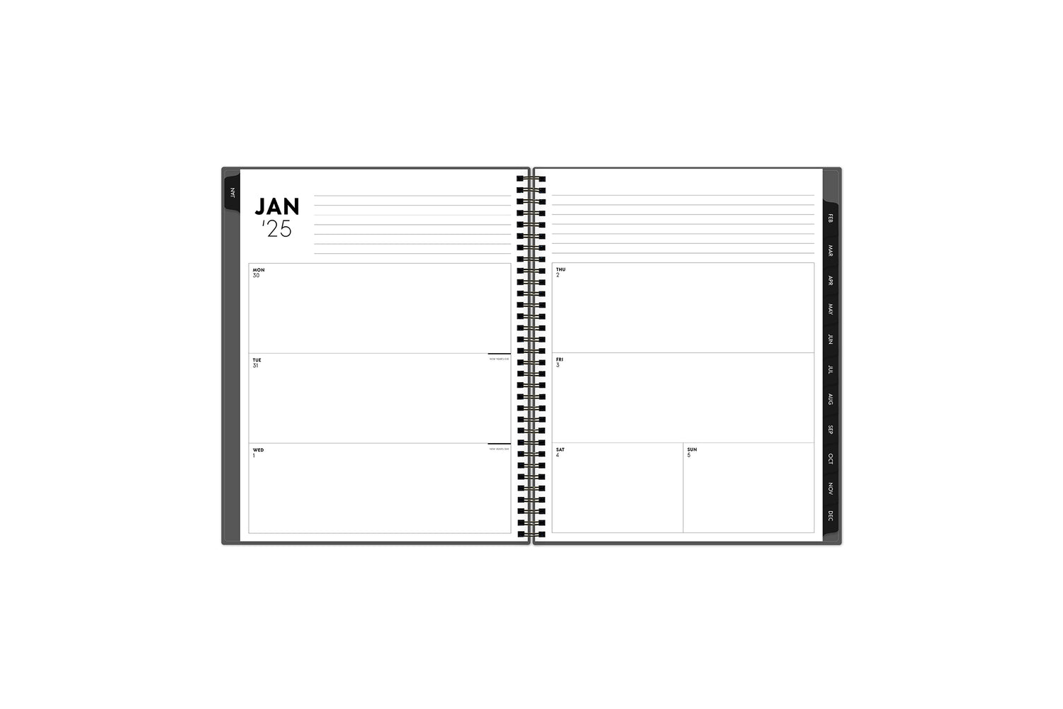 January 2025 - December 2025 weekly monthly planner in 8.5x11 size displaying a weekly spread and black monthly tabs with white month text